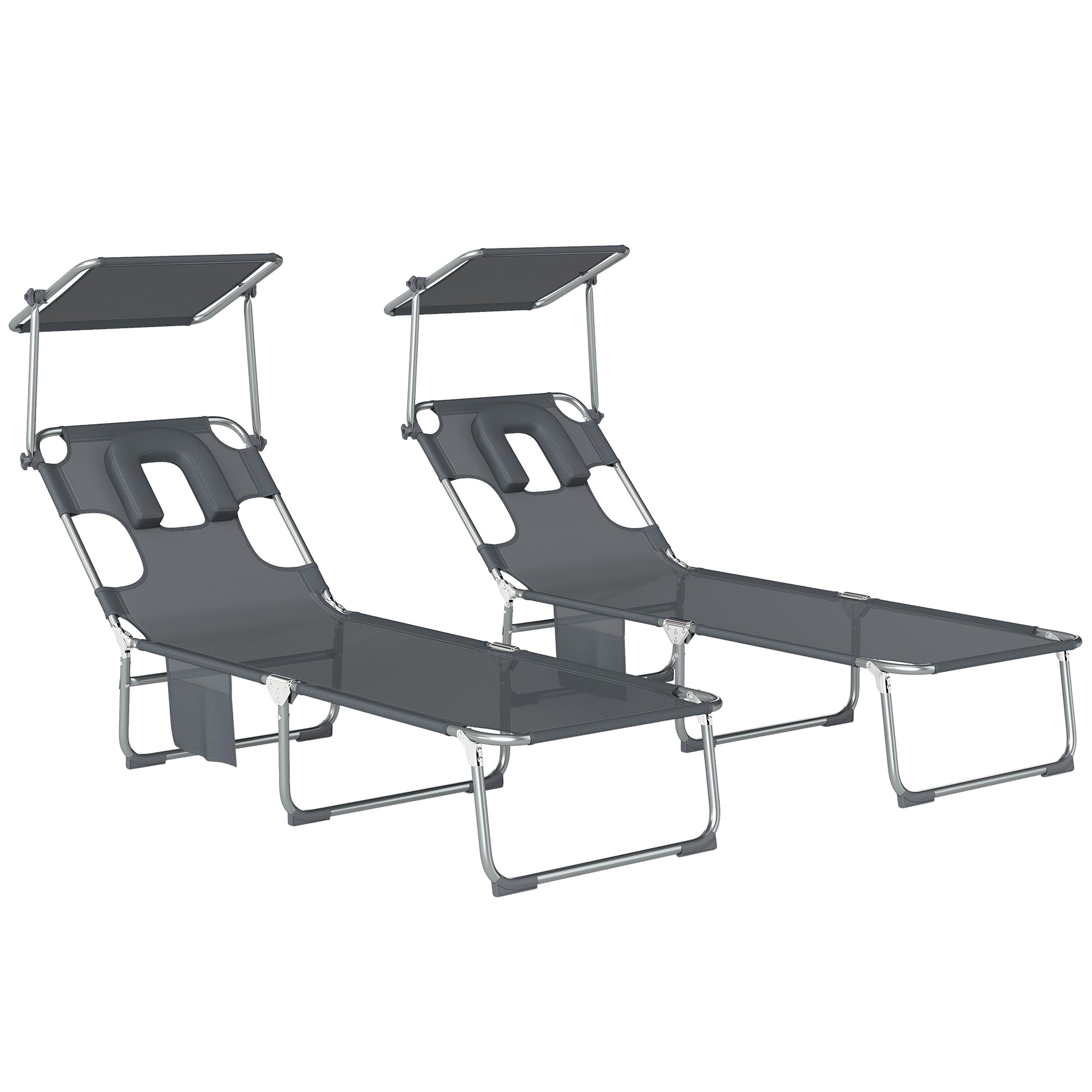 Outsunny Set de 2 Tumbonas Jardín Exterior, Tumbonas Plegables con Reposacabezas, Dosel 360°, Orificio Facial, Bolsillo Lateral, Respaldo Reclinable 5 Posiciones y Textilene 550 g/m² para Playa, Gris