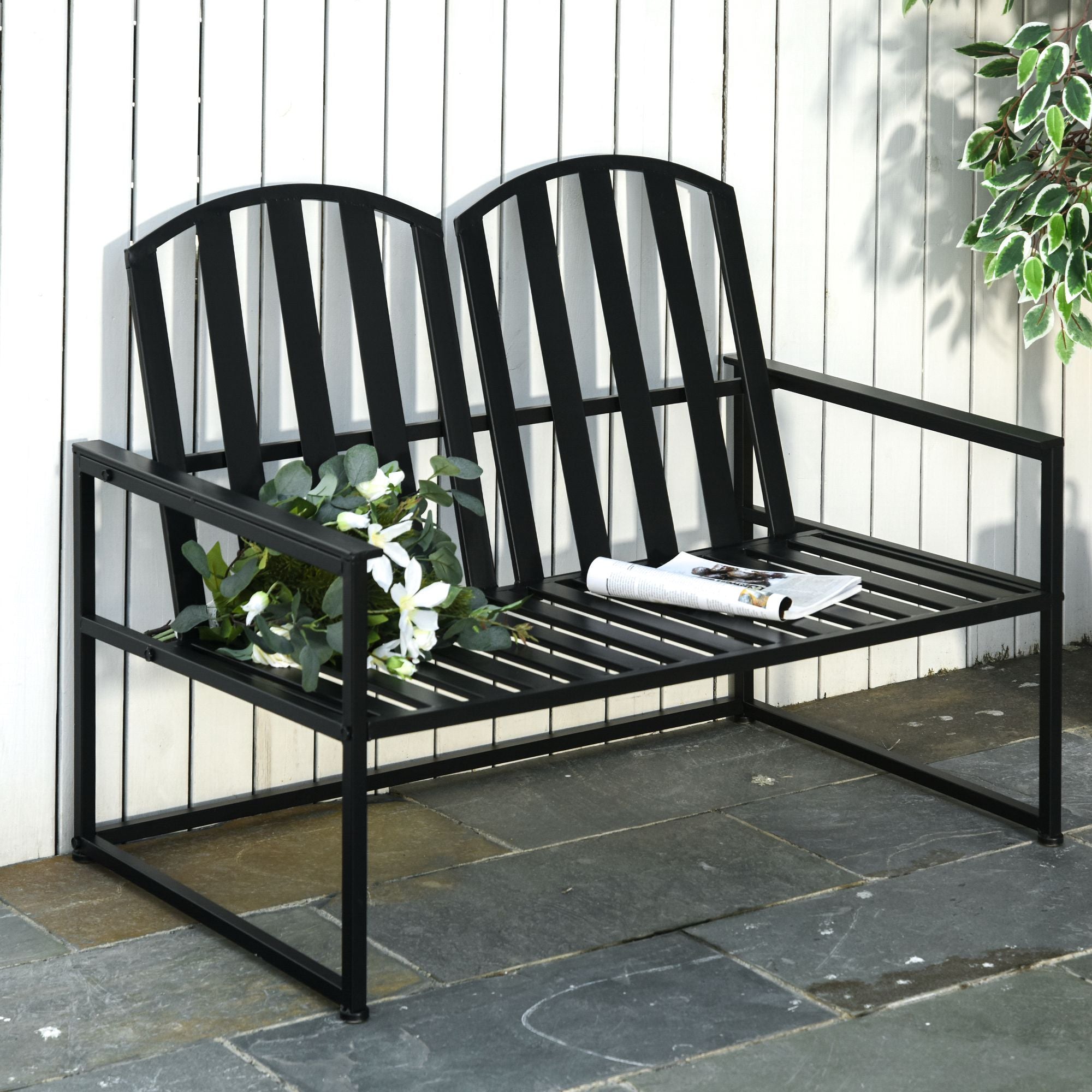 Outsunny Banco de Jardín de 2 Plazas Metal con Respaldo Alto y Reposabrazos para Exterior Parque Patio Terraza Estilo Rústico Carga Máx. 220 kg 108x63x80,5 cm Negro
