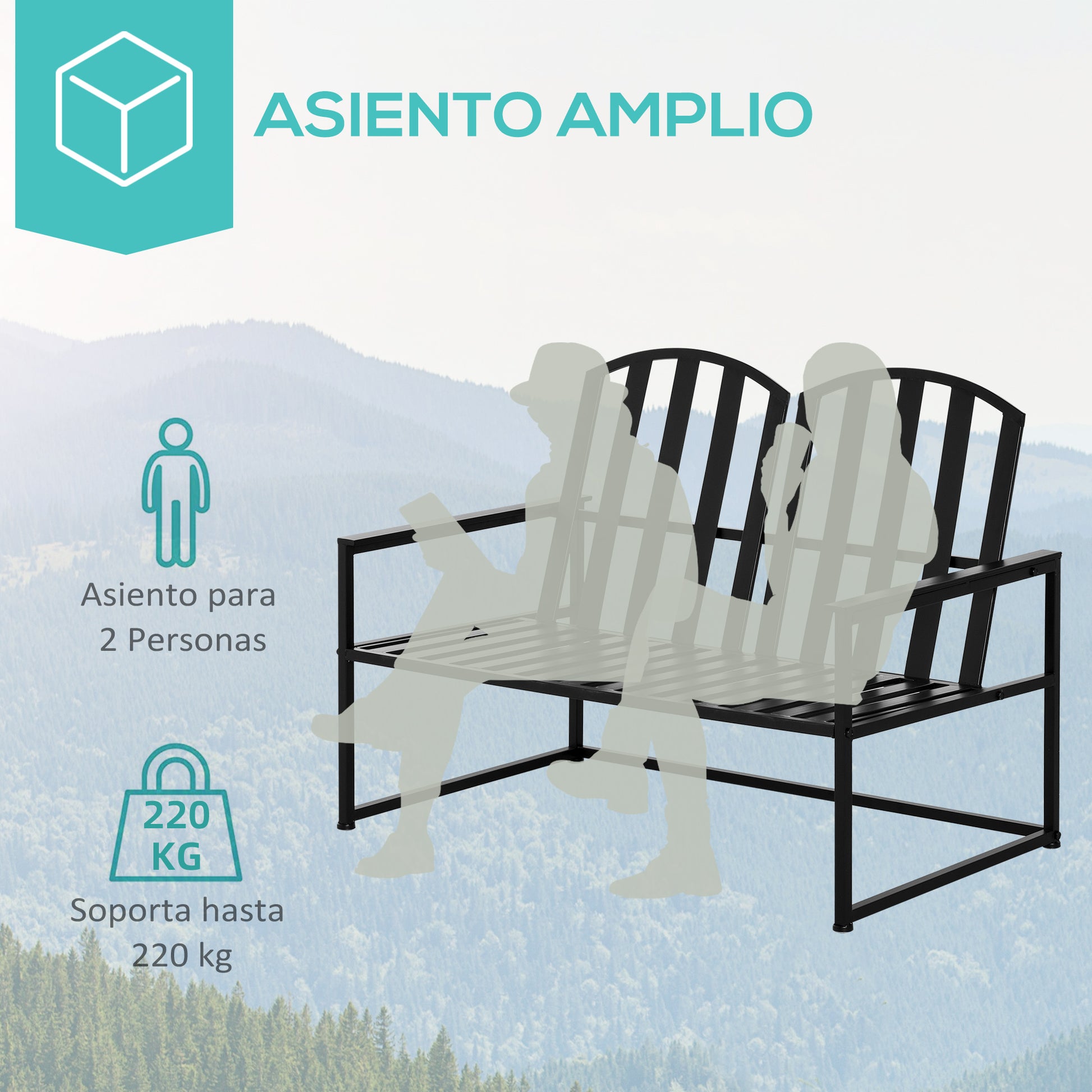 Outsunny Banco de Jardín de 2 Plazas Metal con Respaldo Alto y Reposabrazos para Exterior Parque Patio Terraza Estilo Rústico Carga Máx. 220 kg 108x63x80,5 cm Negro