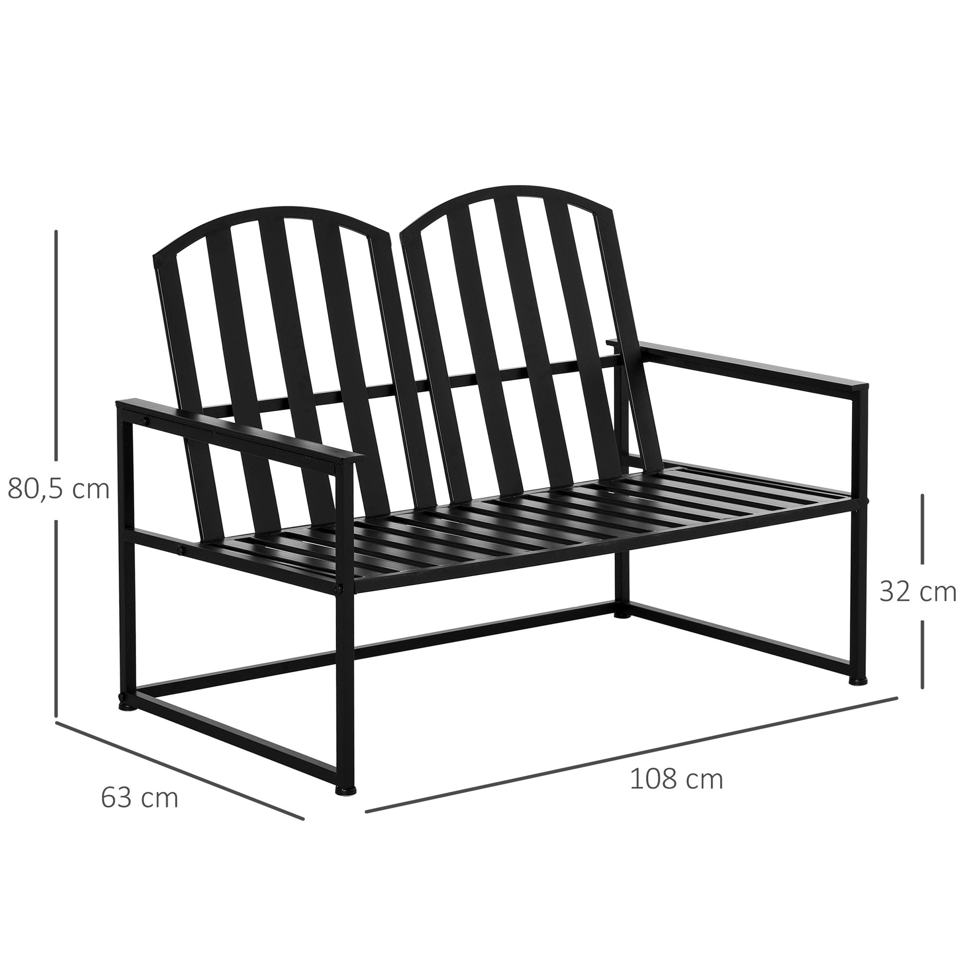 Outsunny Banco de Jardín de 2 Plazas Metal con Respaldo Alto y Reposabrazos para Exterior Parque Patio Terraza Estilo Rústico Carga Máx. 220 kg 108x63x80,5 cm Negro