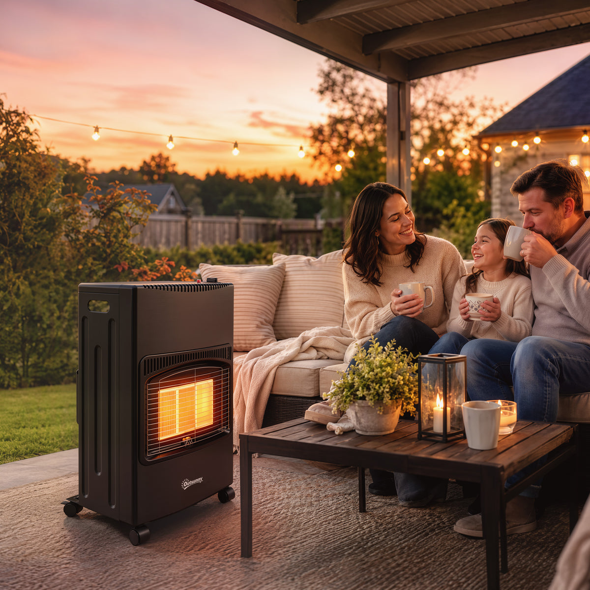 Outsunny Estufa de Gas Butano Exterior, 4,2 kW, Calefactor de Gas Terraza con Sensor ODS, 3 Niveles de Calor, Encendido Piezoeléctrico, Antivuelco, 4 Ruedas, Paneles Laterales Plegables, 25 m², Negro