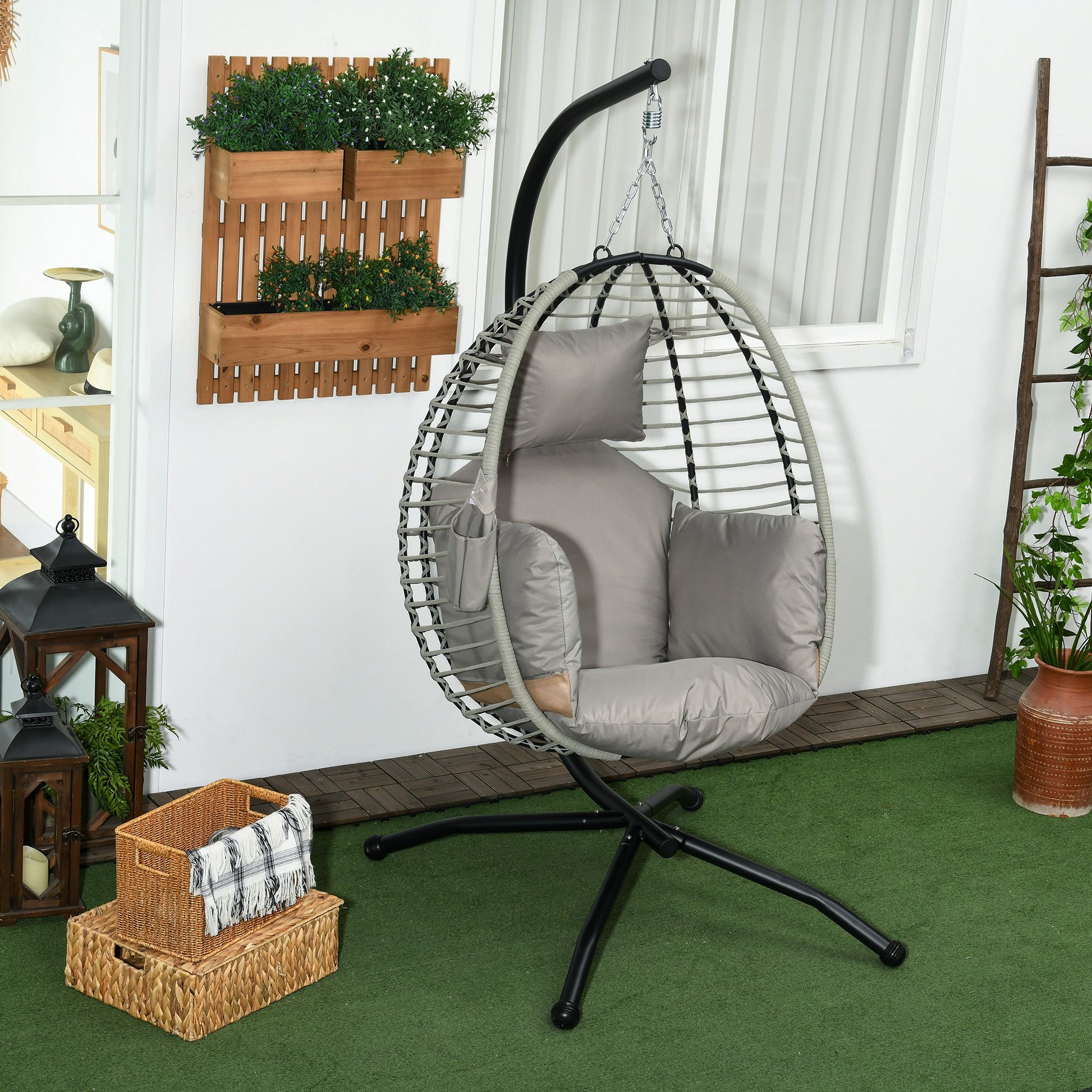 Outsunny Silla Colgante Huevo con Soporte Columpio de Jardín Exterior con Cesta Plegable Cojín y Reposacabezas Columpio Colgante para Interior y Exterior Carga 120 kg Gris y Negro