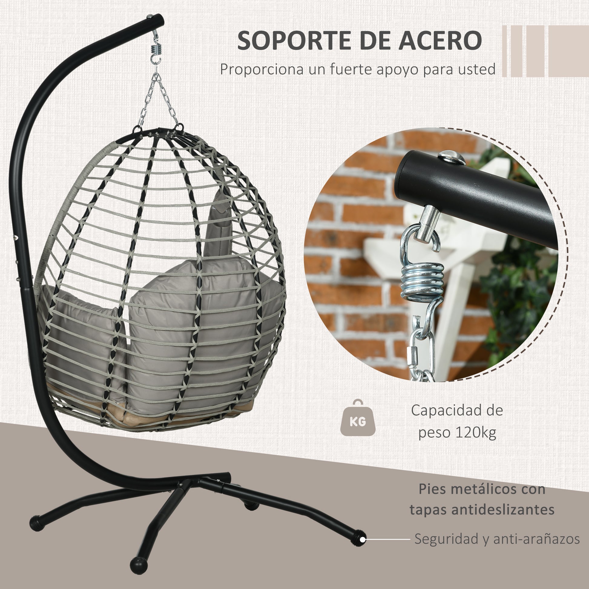 Outsunny Silla Colgante Huevo con Soporte Columpio de Jardín Exterior con Cesta Plegable Cojín y Reposacabezas Columpio Colgante para Interior y Exterior Carga 120 kg Gris y Negro