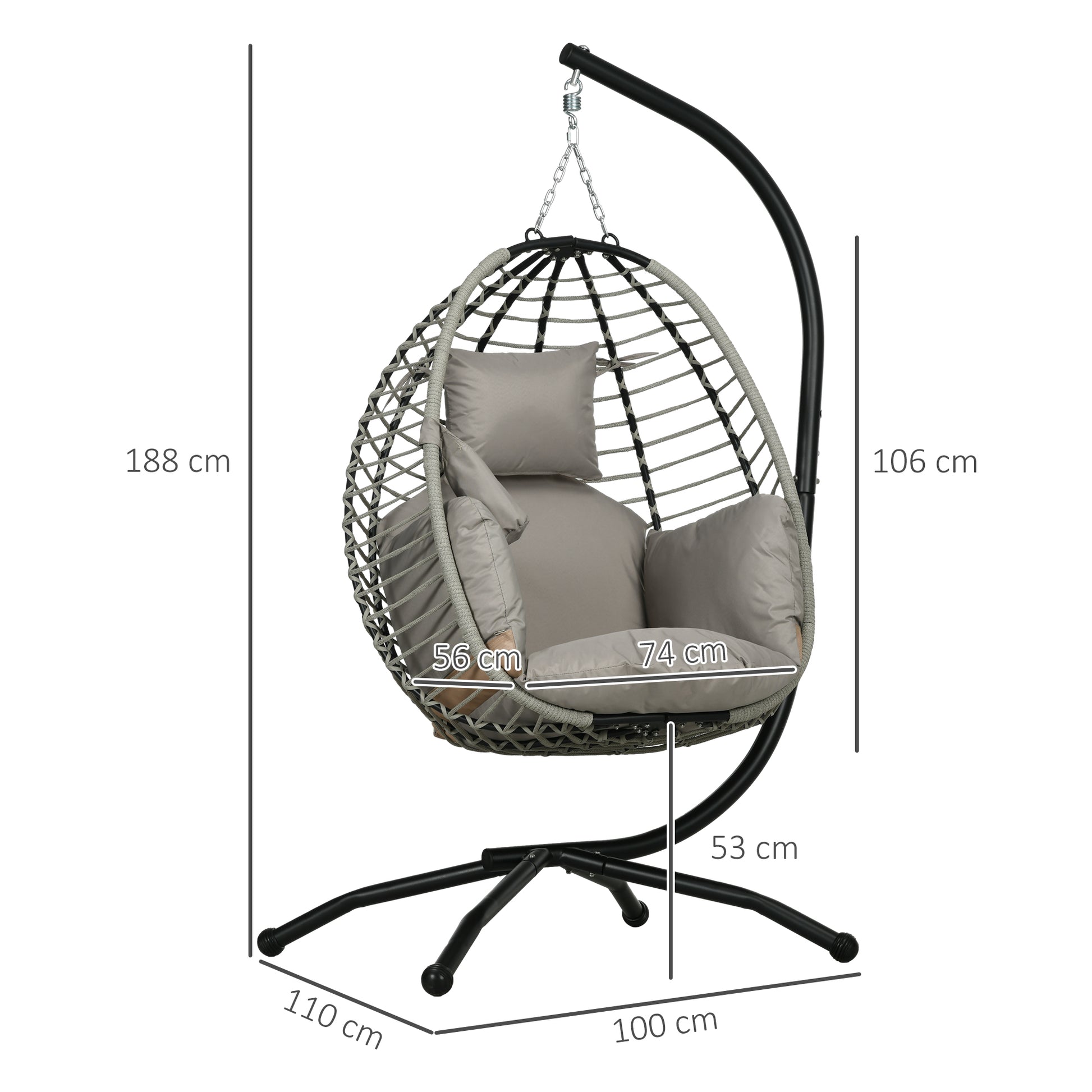 Outsunny Silla Colgante Huevo con Soporte Columpio de Jardín Exterior con Cesta Plegable Cojín y Reposacabezas Columpio Colgante para Interior y Exterior Carga 120 kg Gris y Negro
