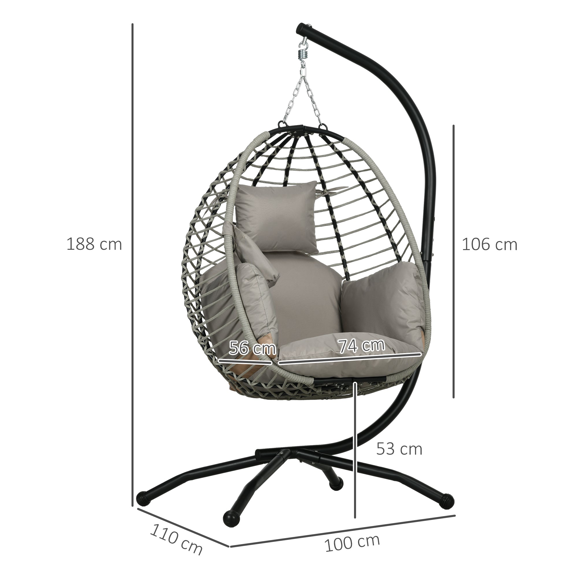 Outsunny Silla Colgante Huevo con Soporte Columpio de Jardín Exterior con Cesta Plegable Cojín y Reposacabezas Columpio Colgante para Interior y Exterior Carga 120 kg Gris y Negro
