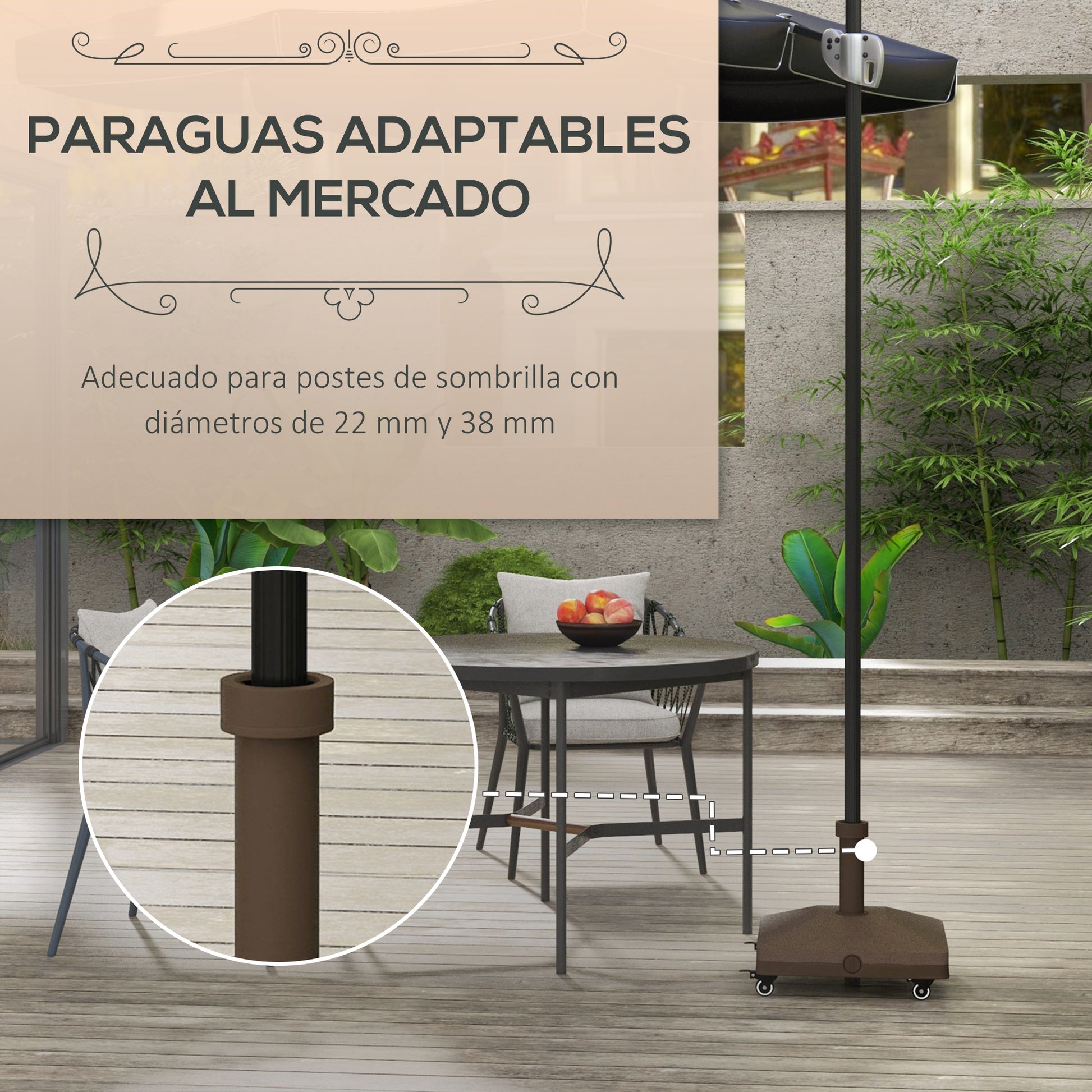 Outsunny Base para Sombrilla con Ruedas, 2,5 kg, Soporte de Parasol de HDPE, Pie para Sombrilla con Postes Ø22 mm a Ø38 mm, Rellenable de Arena 18 kg o Agua 16 kg, para Jardín, Patio, Terraza, Marrón