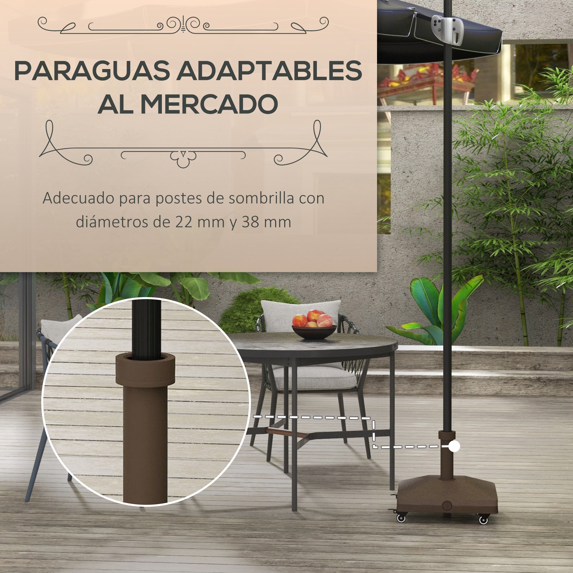 Outsunny Base para Sombrilla con Ruedas, 2,5 kg, Soporte de Parasol de HDPE, Pie para Sombrilla con Postes Ø22 mm a Ø38 mm, Rellenable de Arena 18 kg o Agua 16 kg, para Jardín, Patio, Terraza, Marrón