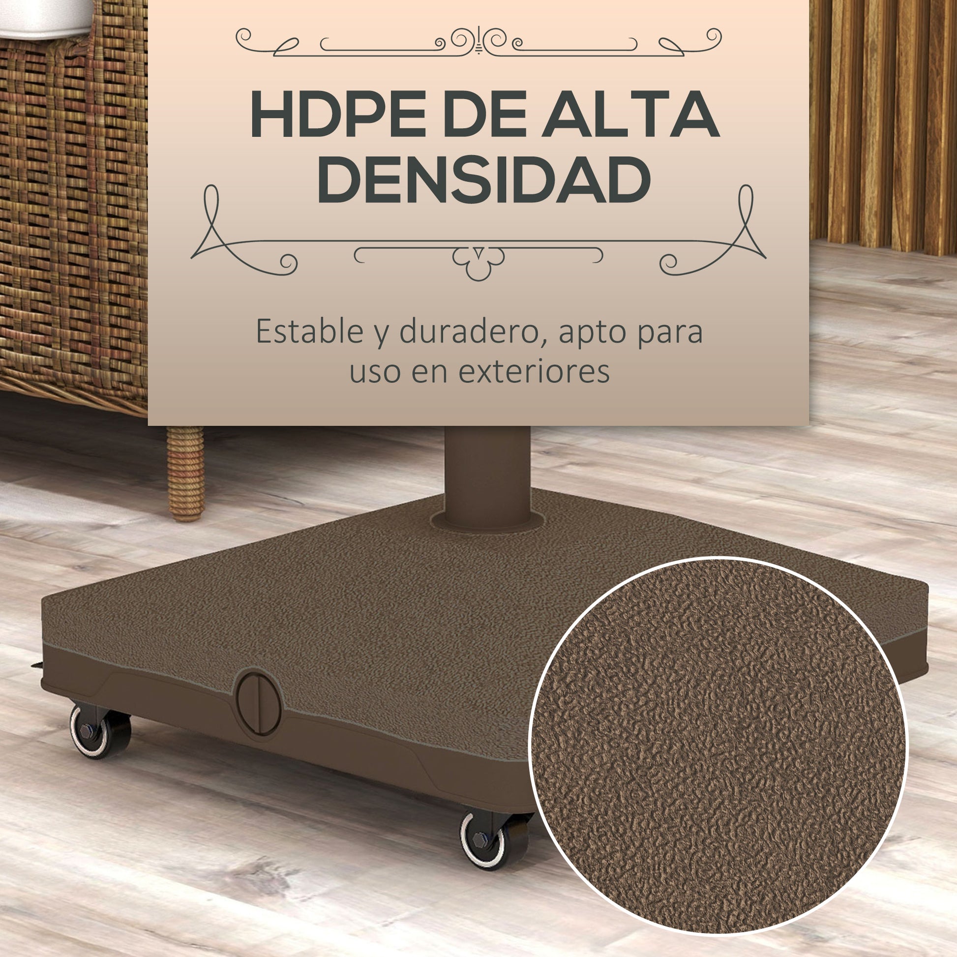 Outsunny Base para Sombrilla con Ruedas, 2,5 kg, Soporte de Parasol de HDPE, Pie para Sombrilla con Postes Ø22 mm a Ø38 mm, Rellenable de Arena 18 kg o Agua 16 kg, para Jardín, Patio, Terraza, Marrón