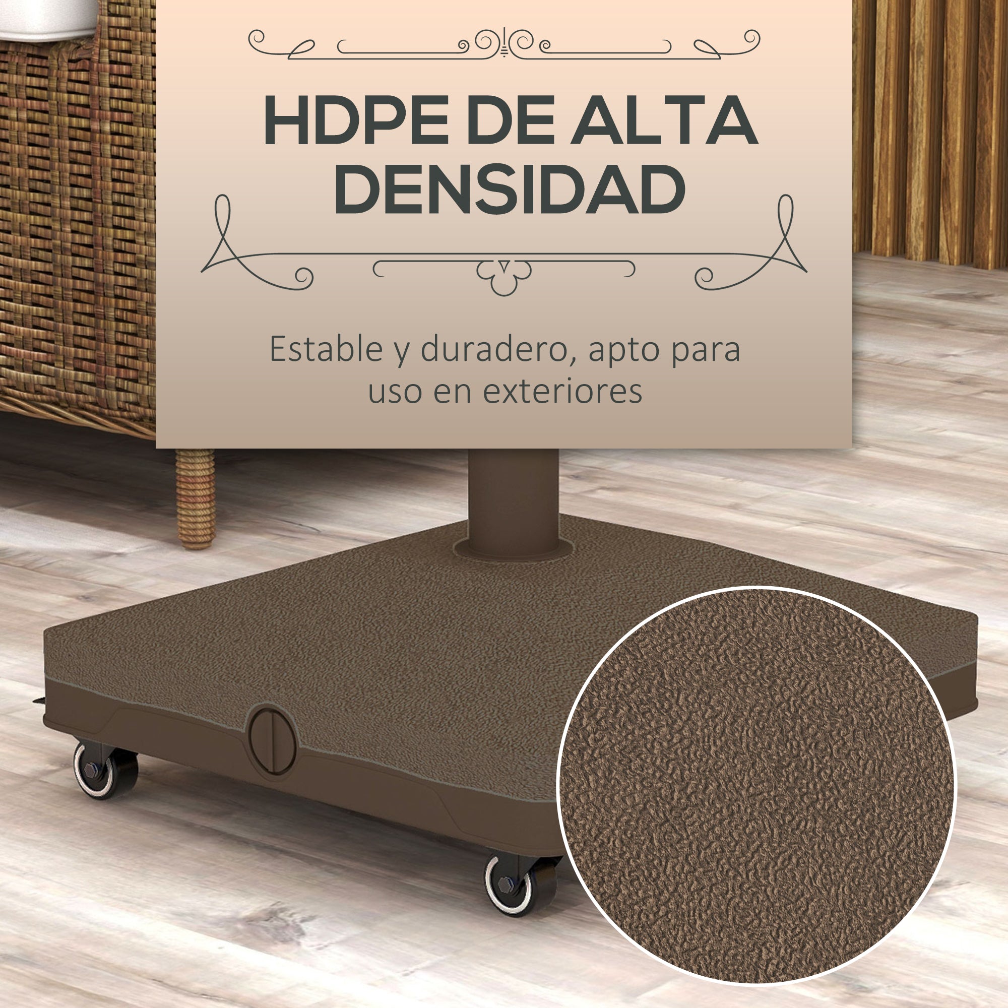 Outsunny Base para Sombrilla con Ruedas, 2,5 kg, Soporte de Parasol de HDPE, Pie para Sombrilla con Postes Ø22 mm a Ø38 mm, Rellenable de Arena 18 kg o Agua 16 kg, para Jardín, Patio, Terraza, Marrón