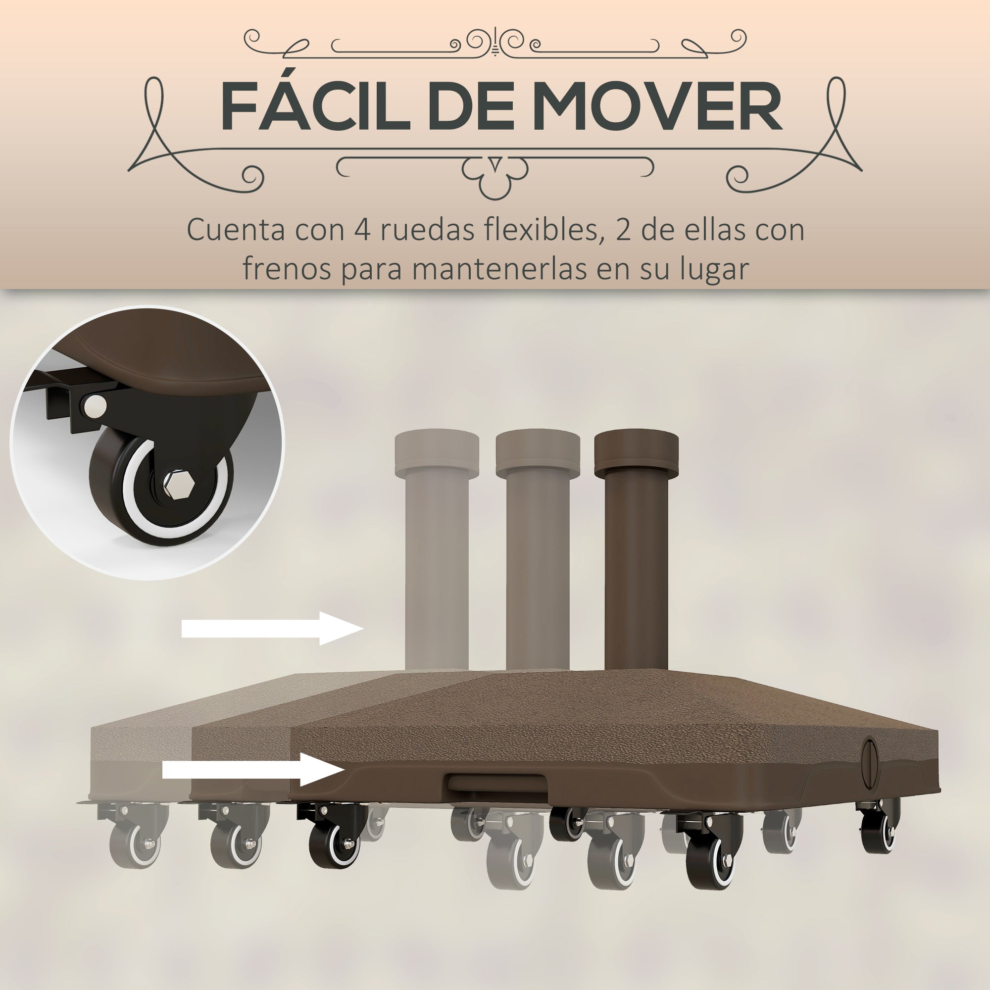 Outsunny Base para Sombrilla con Ruedas, 2,5 kg, Soporte de Parasol de HDPE, Pie para Sombrilla con Postes Ø22 mm a Ø38 mm, Rellenable de Arena 18 kg o Agua 16 kg, para Jardín, Patio, Terraza, Marrón