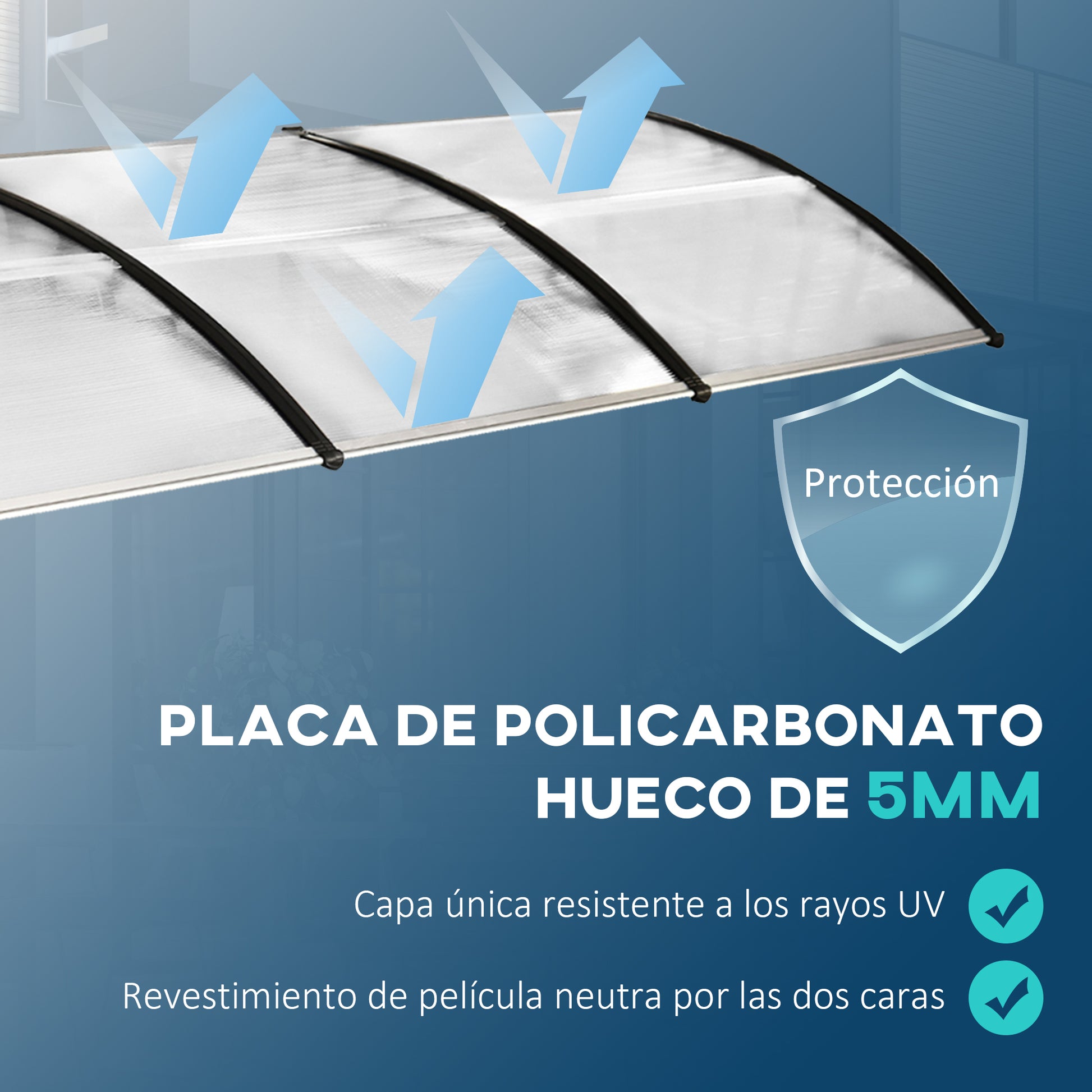 Outsunny Tejadillo de Protección contra Sol y Lluvia Marquesina para Puertas de Exterior Marquesina de Techo Diseño Moderno Aleación de Aluminio 90x295x23,5 cm Transparente