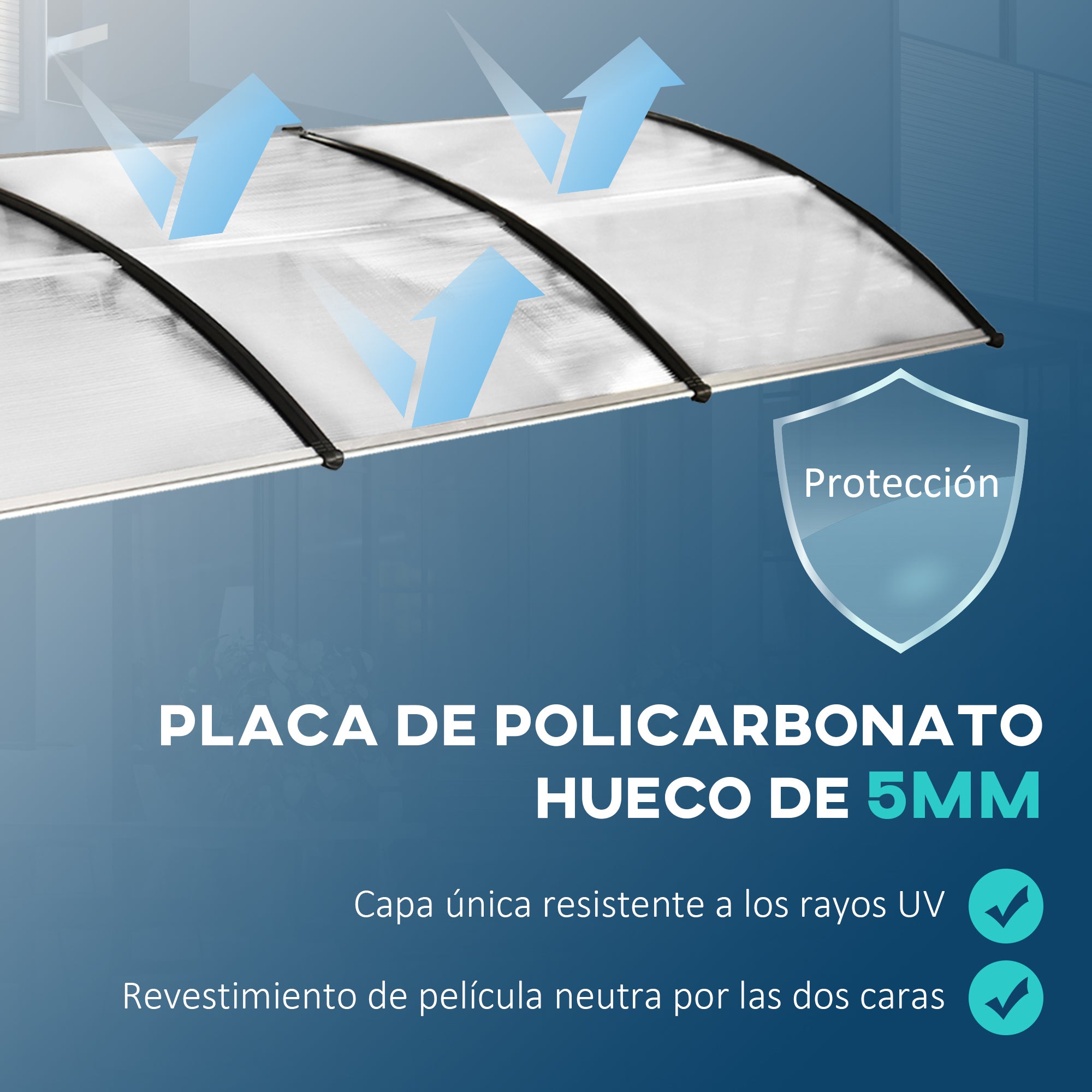 Outsunny Tejadillo de Protección contra Sol y Lluvia Marquesina para Puertas de Exterior Marquesina de Techo Diseño Moderno Aleación de Aluminio 90x295x23,5 cm Transparente