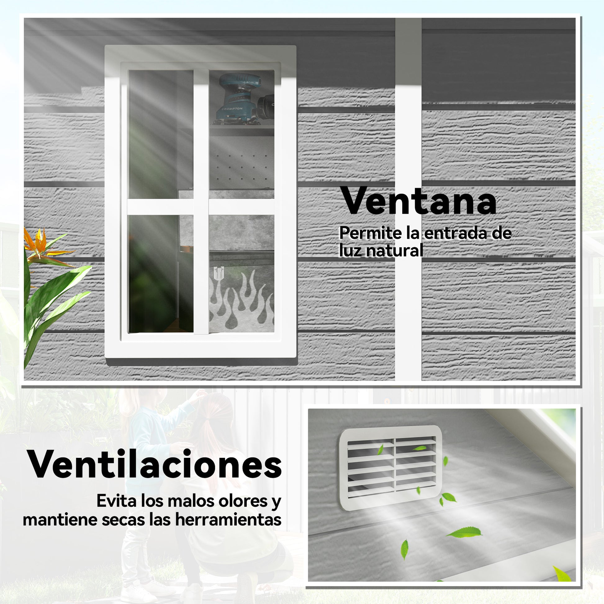 Outsunny Caseta de Jardín Exterior, 2,4 m², 182x151x219 cm, Cobertizo de Jardín Exterior con Suelo, Puerta Corredera, Ventana y Techo Inclinado, para Almacenamiento de Herramientas, Gris