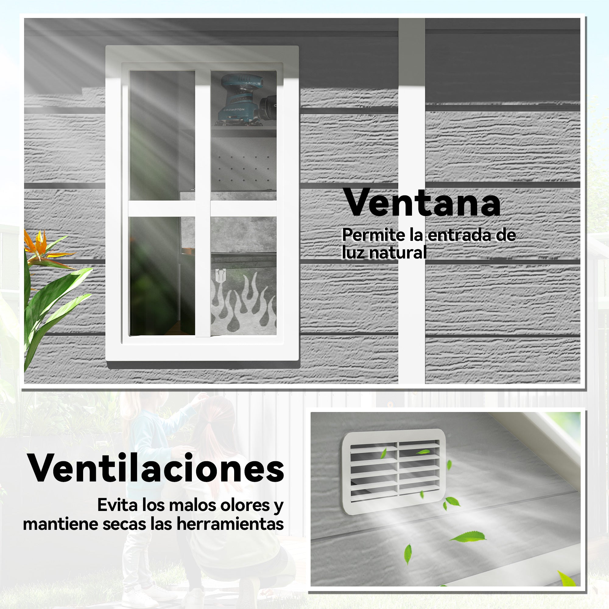 Outsunny Caseta de Jardín Exterior, 2,4 m², 182x151x219 cm, Cobertizo de Jardín Exterior con Suelo, Puerta Corredera, Ventana y Techo Inclinado, para Almacenamiento de Herramientas, Gris