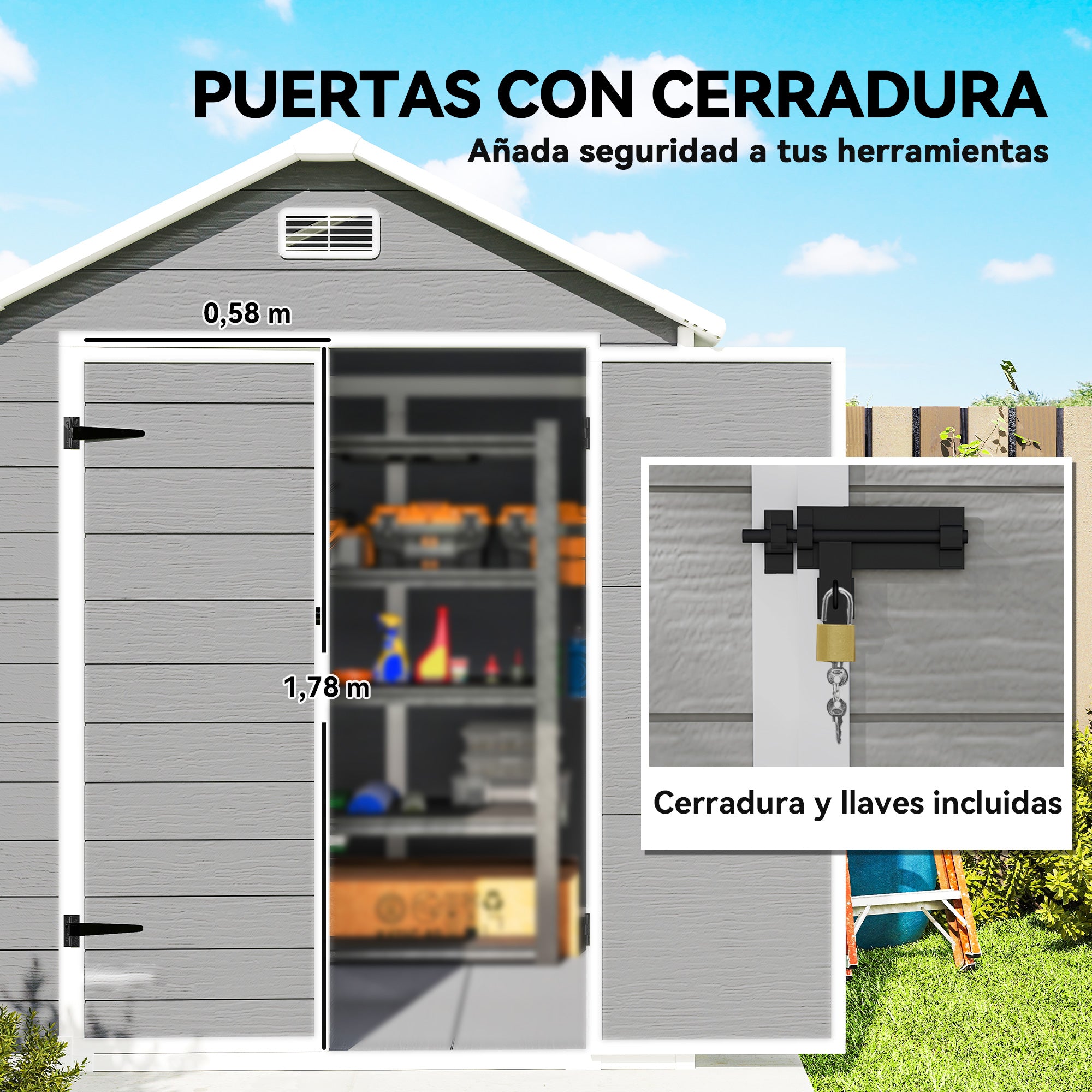 Outsunny Caseta de Jardín Exterior, 2,4 m², 182x151x219 cm, Cobertizo de Jardín Exterior con Suelo, Puerta Corredera, Ventana y Techo Inclinado, para Almacenamiento de Herramientas, Gris