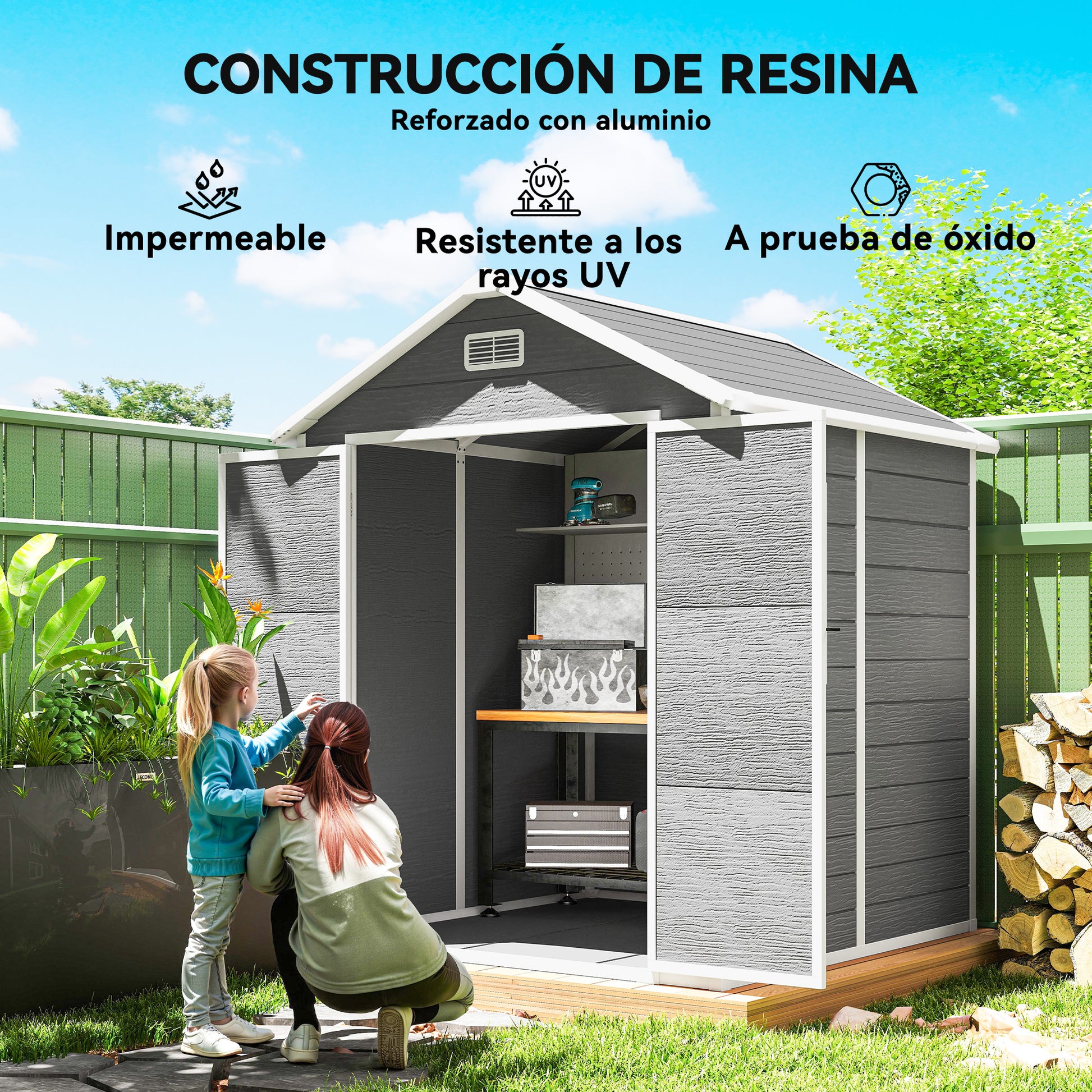 Outsunny Caseta de Jardín Exterior, 2,4 m², 182x151x219 cm, Cobertizo de Jardín Exterior con Suelo, Puerta Corredera, Ventana y Techo Inclinado, para Almacenamiento de Herramientas, Gris