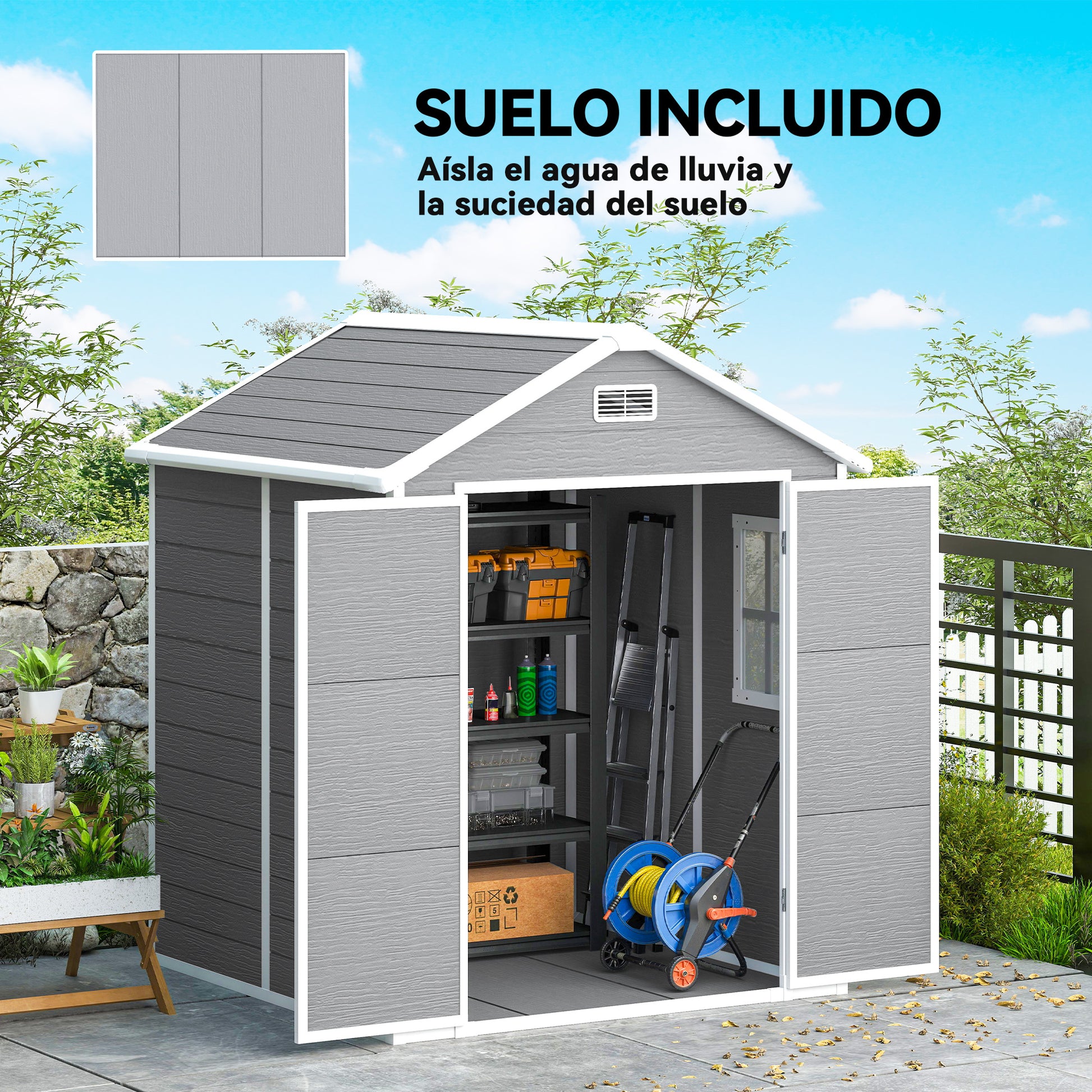 Outsunny Caseta de Jardín Exterior, 2,4 m², 182x151x219 cm, Cobertizo de Jardín Exterior con Suelo, Puerta Corredera, Ventana y Techo Inclinado, para Almacenamiento de Herramientas, Gris
