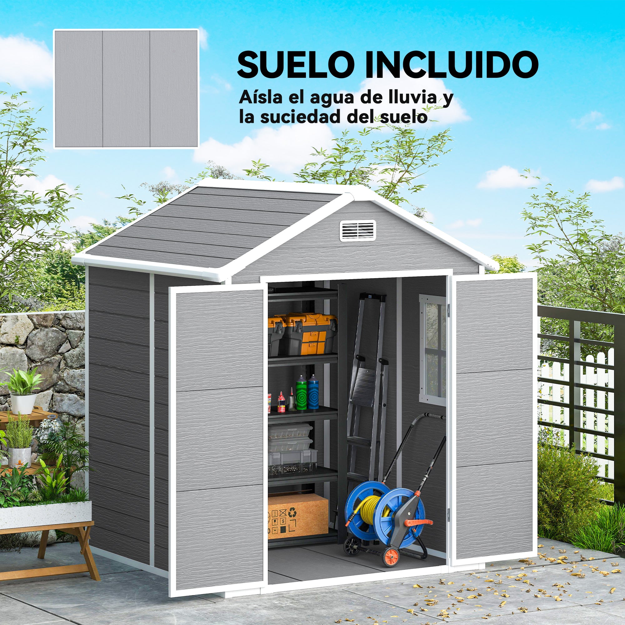 Outsunny Caseta de Jardín Exterior, 2,4 m², 182x151x219 cm, Cobertizo de Jardín Exterior con Suelo, Puerta Corredera, Ventana y Techo Inclinado, para Almacenamiento de Herramientas, Gris