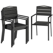 Outsunny Juego de 4 Sillas de Jardín Exterior Apilables, Sillas Terraza Exterior con Reposabrazos, Asiento y Respaldo de HDPE con Listones, Estructura Metálica Resistente, 52x51x90 cm, Negro