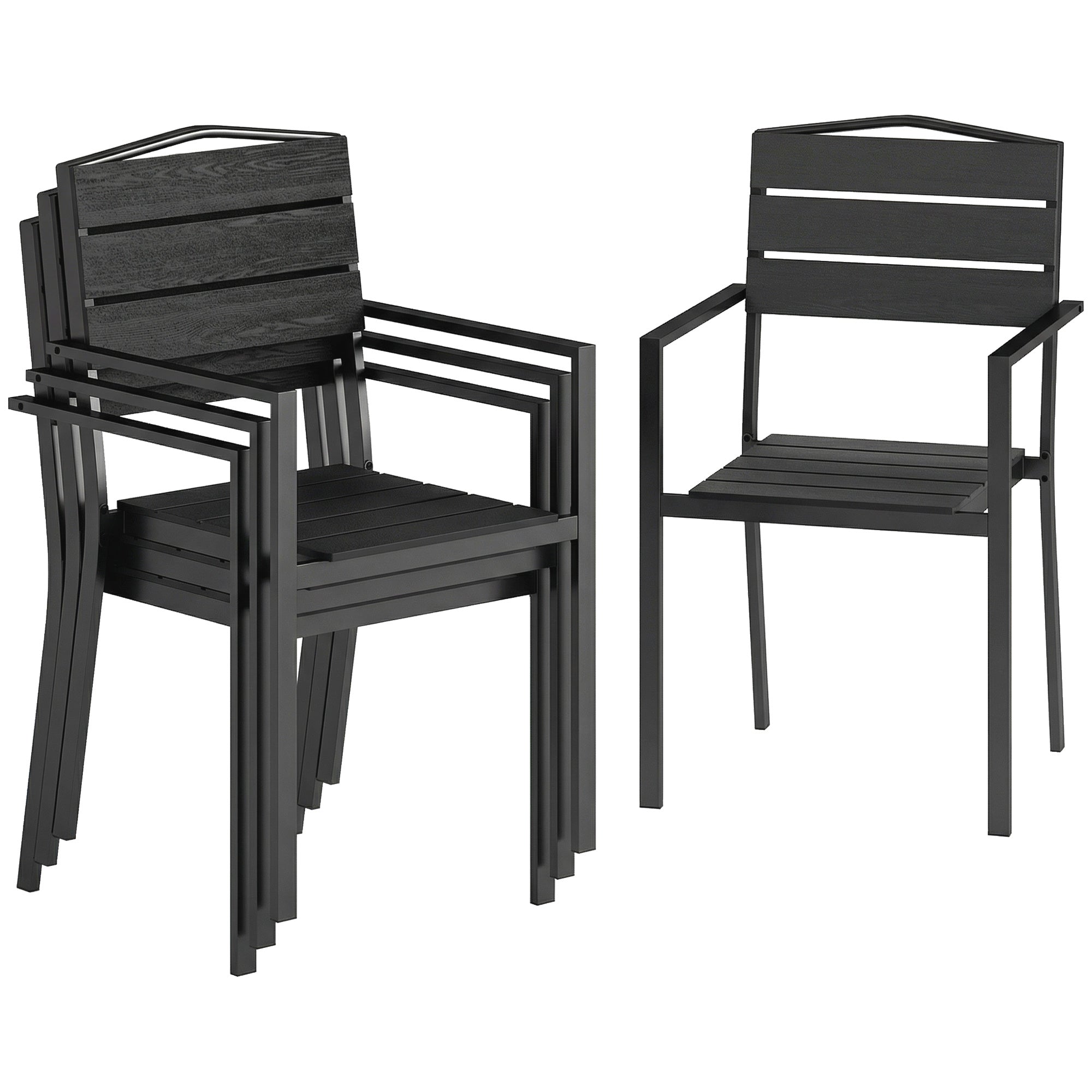 Outsunny Juego de 4 Sillas de Jardín Exterior Apilables, Sillas Terraza Exterior con Reposabrazos, Asiento y Respaldo de HDPE con Listones, Estructura Metálica Resistente, 52x51x90 cm, Negro