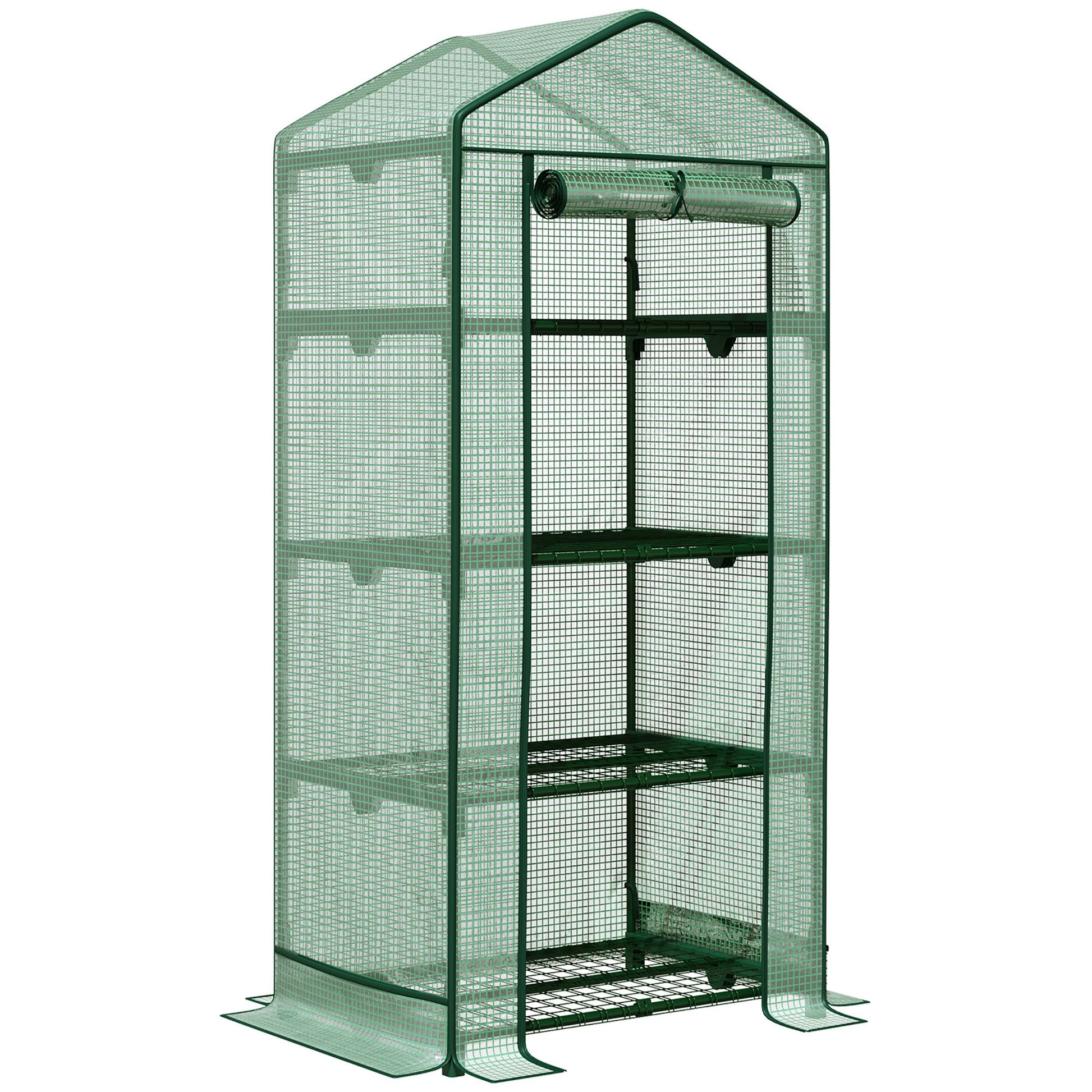 Outsunny Invernadero de Jardín Invernadero de Terraza con 4 Estantes de Alambre y Puerta Enrollable Invernadero para Macetas Plantas Flores Exterior 69x49x158 cm Verde