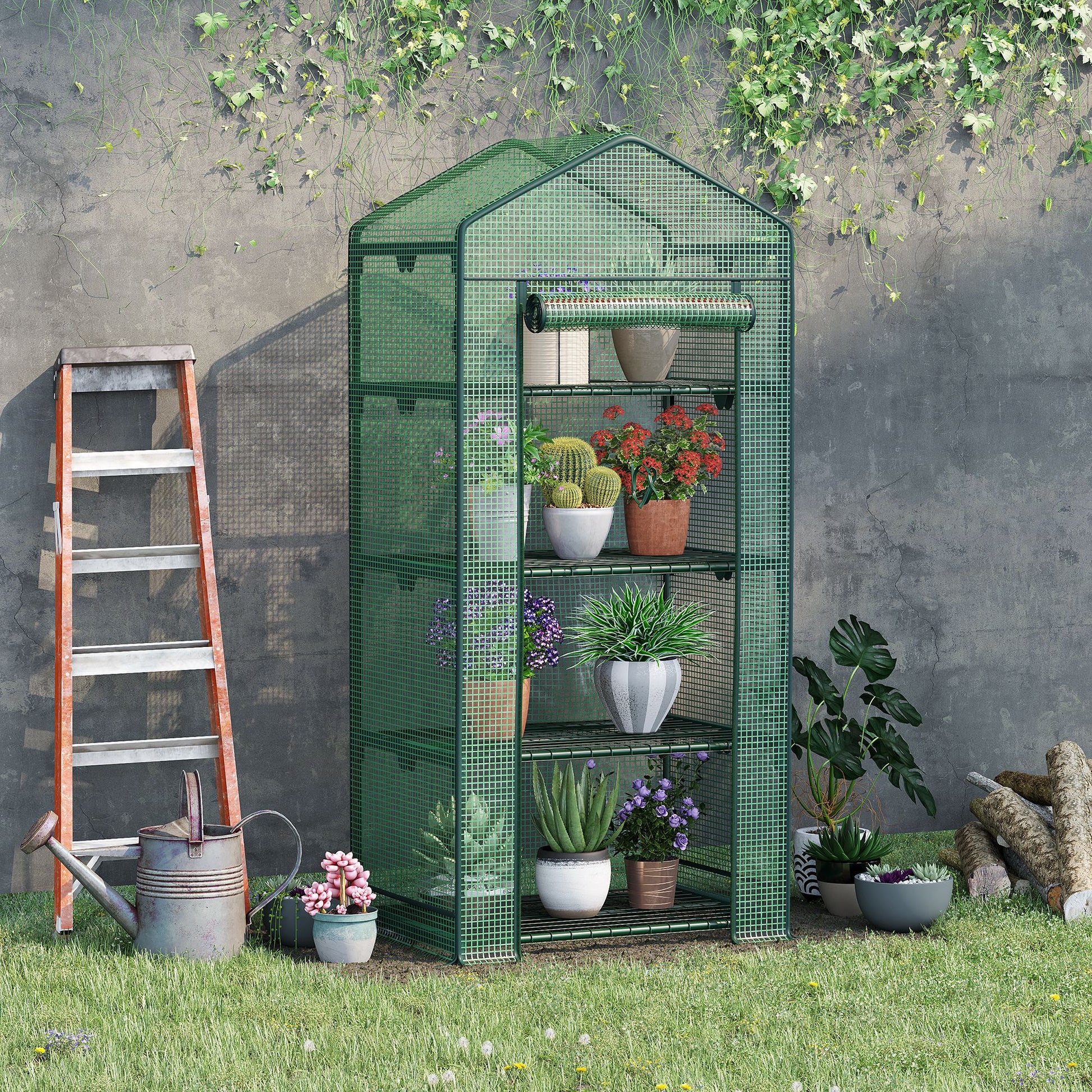 Outsunny Invernadero de Jardín Invernadero de Terraza con 4 Estantes de Alambre y Puerta Enrollable Invernadero para Macetas Plantas Flores Exterior 69x49x158 cm Verde