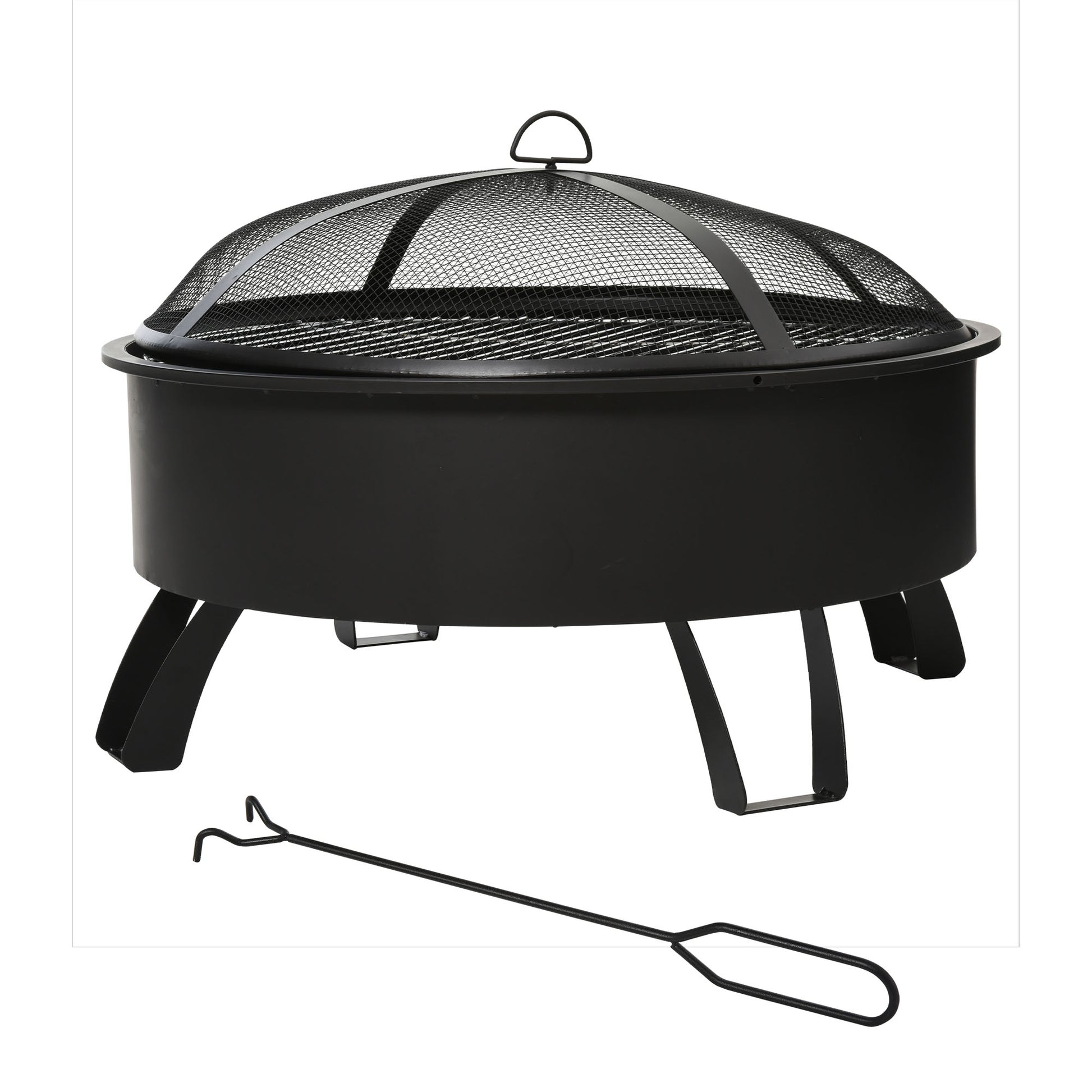 Outsunny Brasero Exterior Ø76x49,5 cm 2 EN 1 Profundidad del Cuenco 18 cm con Rejilla de Cocina Parrilla para Barbacoa Calefacción Tapa de Malla Atizador de Fuego para Patio Jardín Negro