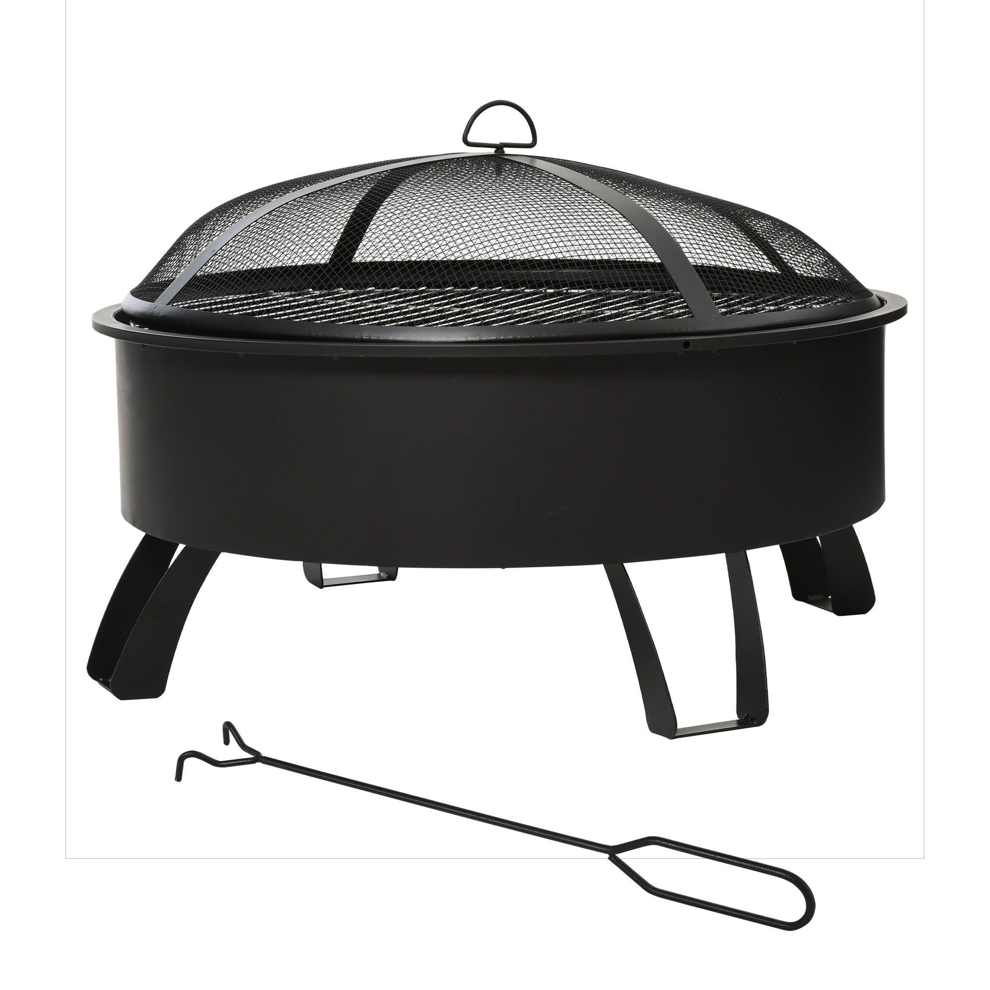 Outsunny Brasero Exterior Ø76x49,5 cm 2 EN 1 Profundidad del Cuenco 18 cm con Rejilla de Cocina Parrilla para Barbacoa Calefacción Tapa de Malla Atizador de Fuego para Patio Jardín Negro