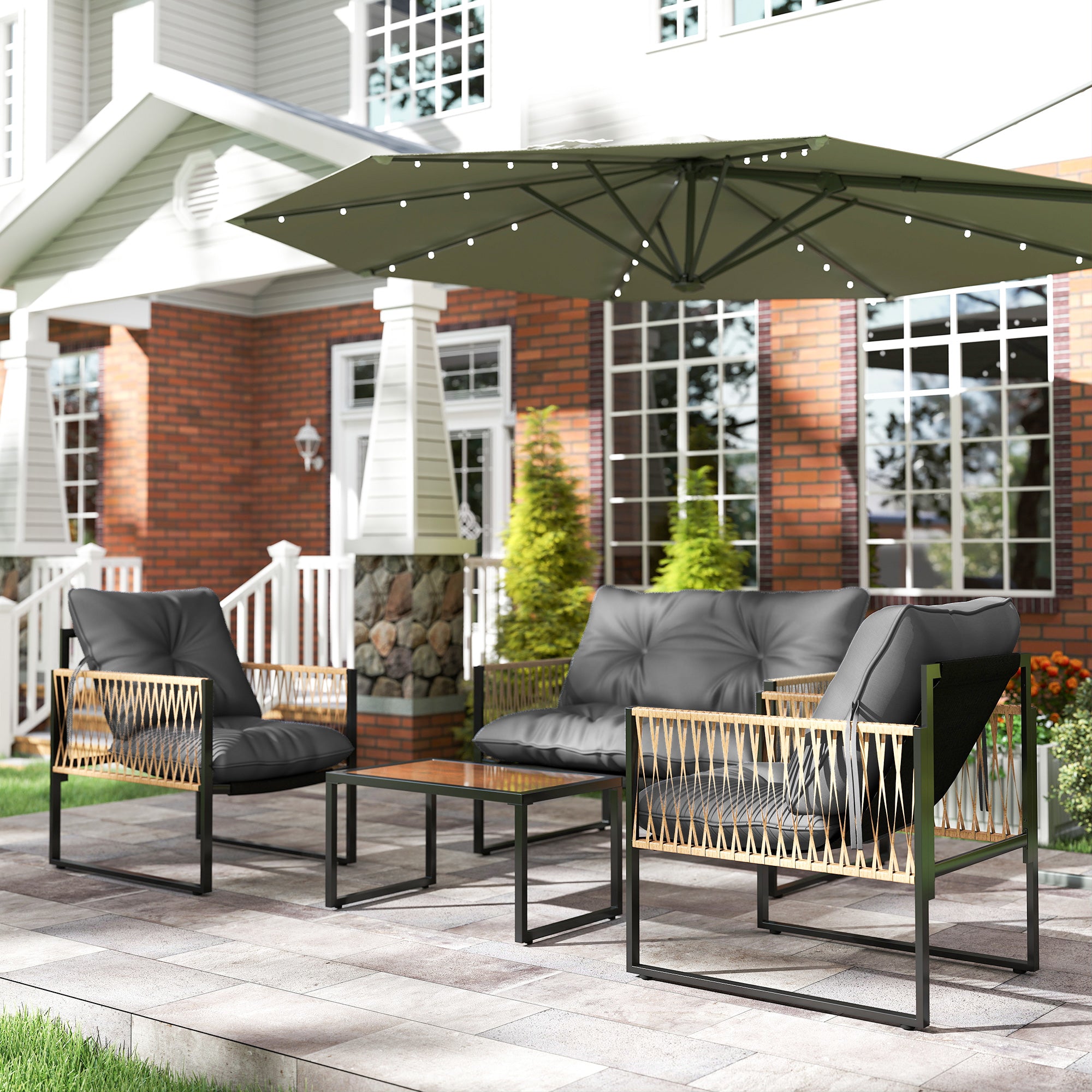 Outsunny Conjunto Jardín Exterior de Ratán, Muebles Jardín Exterior para 4 Piezas, Muebles Terraza con 1 Sofá de 2 Plazas, 2 Sillones, Cojines y 1 Mesa de Tablero de Vidrio, para Patio, Gris y Marrón