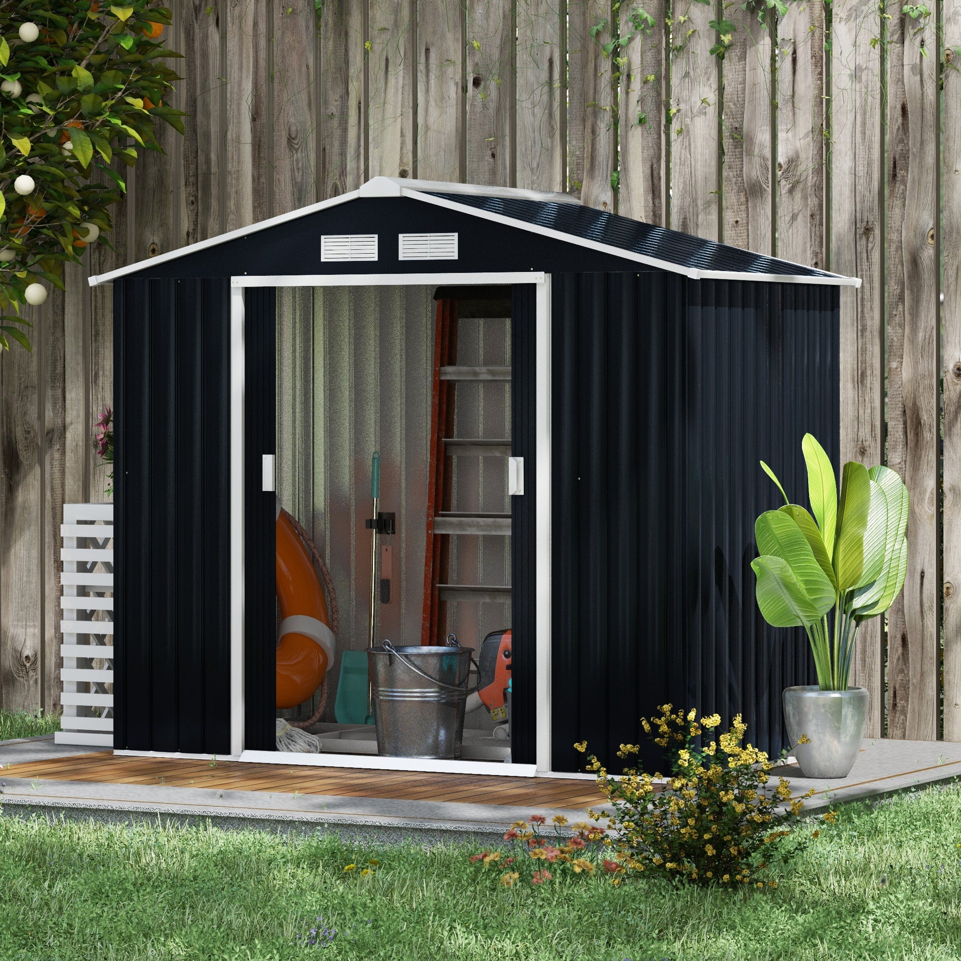 Outsunny Cobertizo de Jardín 2,42m² con Base de Refuerzo Sin Suelo 213x130x185 cm Caseta de Jardín Exterior con 2 Puertas Correderas y 4 Ventanas para Almacenamiento de Herramientas Gris Oscuro
