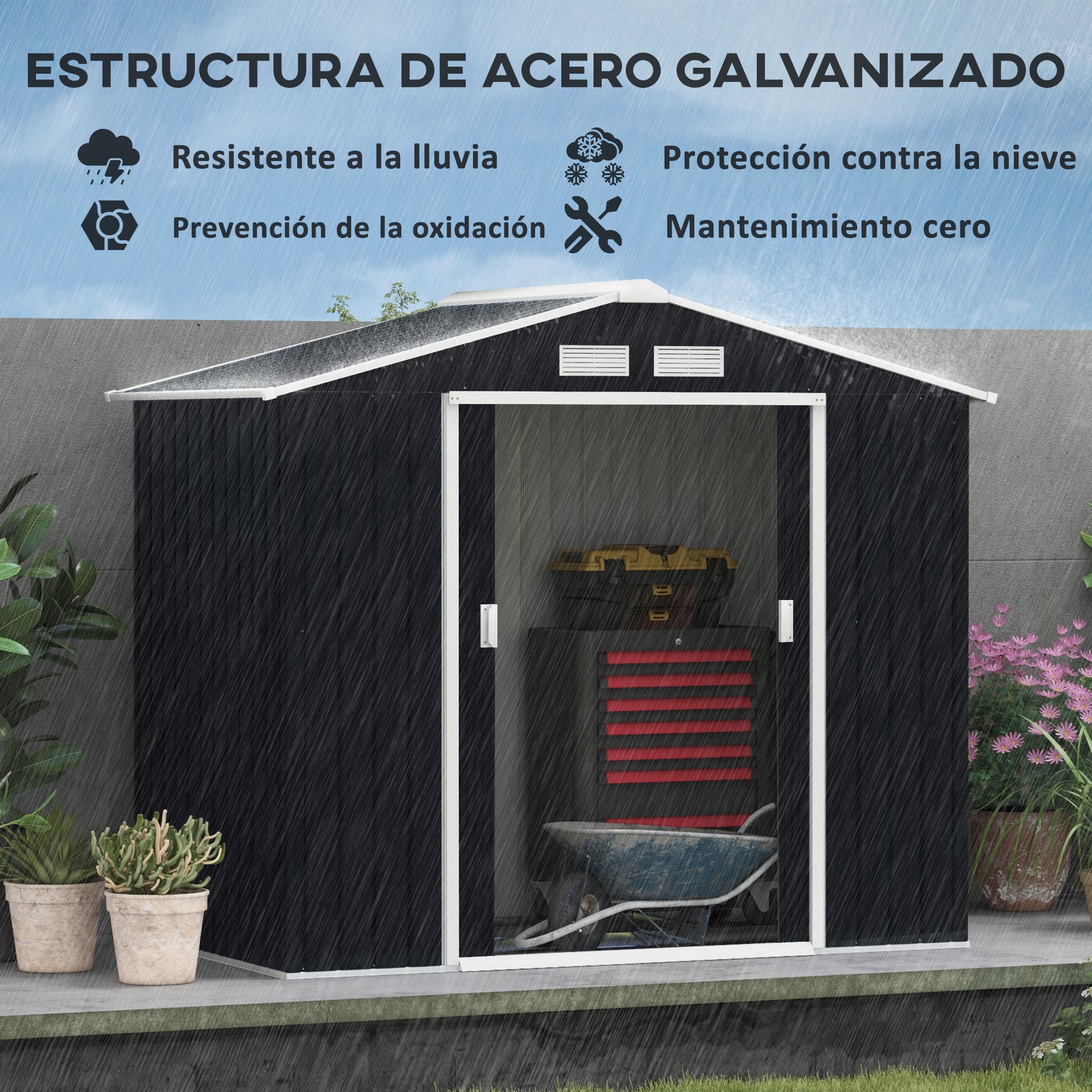 Outsunny Cobertizo de Jardín 2,42m² con Base de Refuerzo Sin Suelo 213x130x185 cm Caseta de Jardín Exterior con 2 Puertas Correderas y 4 Ventanas para Almacenamiento de Herramientas Gris Oscuro