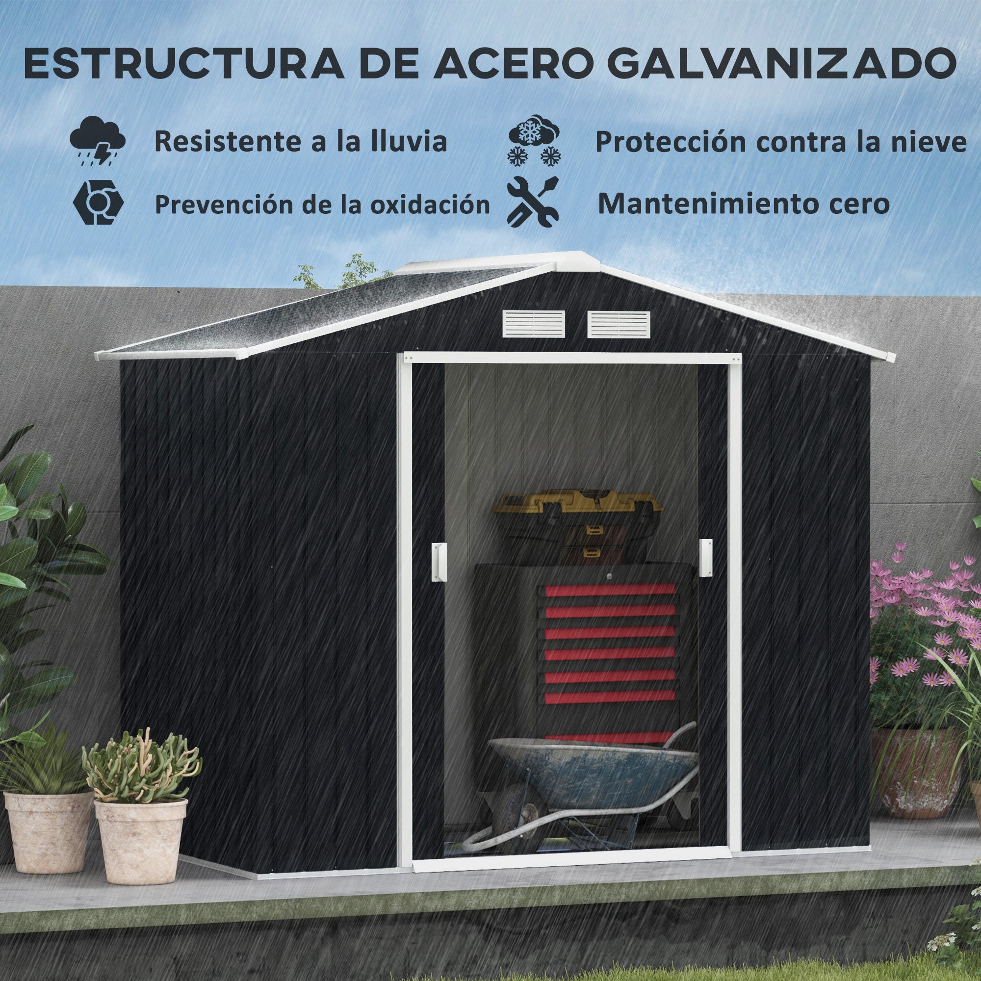 Outsunny Cobertizo de Jardín 2,42m² con Base de Refuerzo Sin Suelo 213x130x185 cm Caseta de Jardín Exterior con 2 Puertas Correderas y 4 Ventanas para Almacenamiento de Herramientas Gris Oscuro