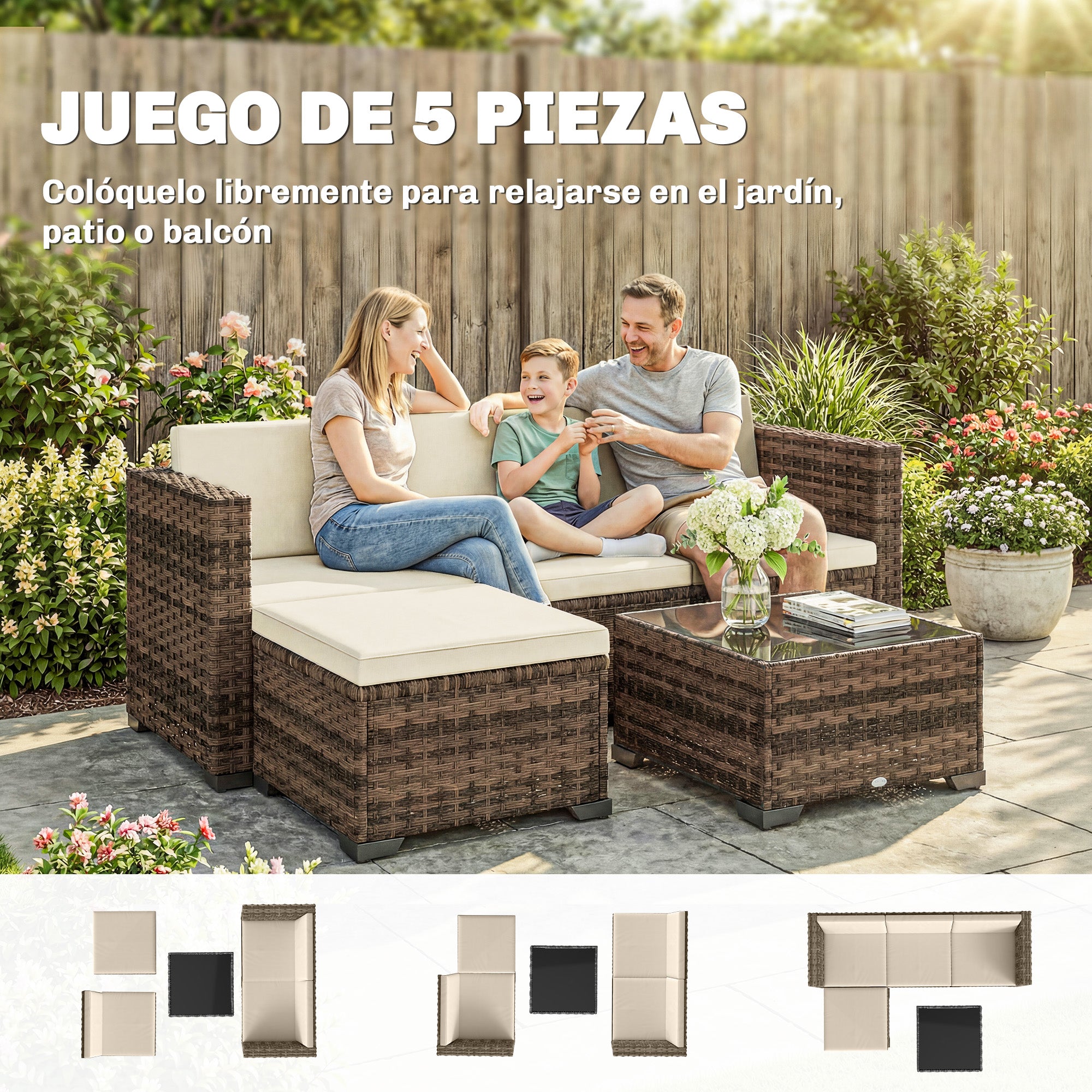 Outsunny Conjunto de Jardín de Ratán de 5 Piezas, Conjunto Terraza Resistente, Muebles Jardín Exterior Incluye Cojines, 2 Sillones de Esquina, Sillón sin Brazos, Reposapiés y Mesa Centro, Caqui