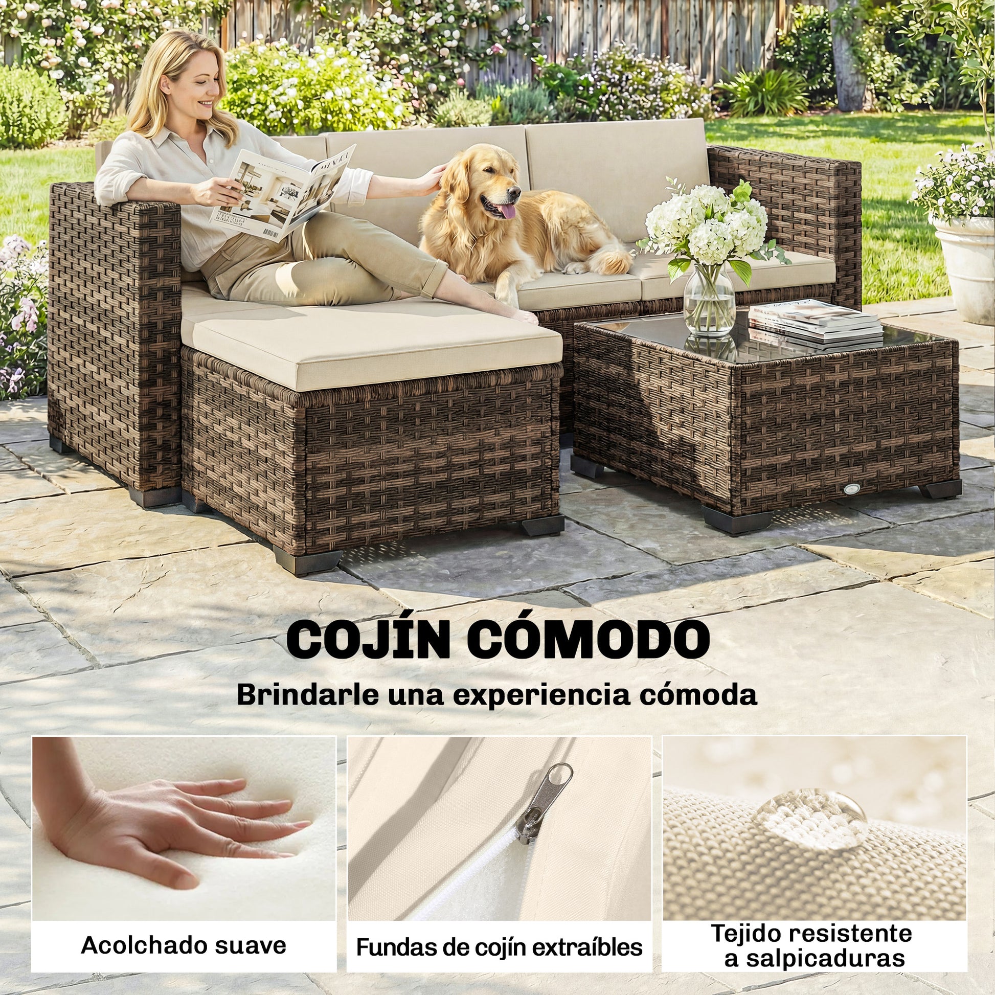 Outsunny Conjunto de Jardín de Ratán de 5 Piezas, Conjunto Terraza Resistente, Muebles Jardín Exterior Incluye Cojines, 2 Sillones de Esquina, Sillón sin Brazos, Reposapiés y Mesa Centro, Caqui