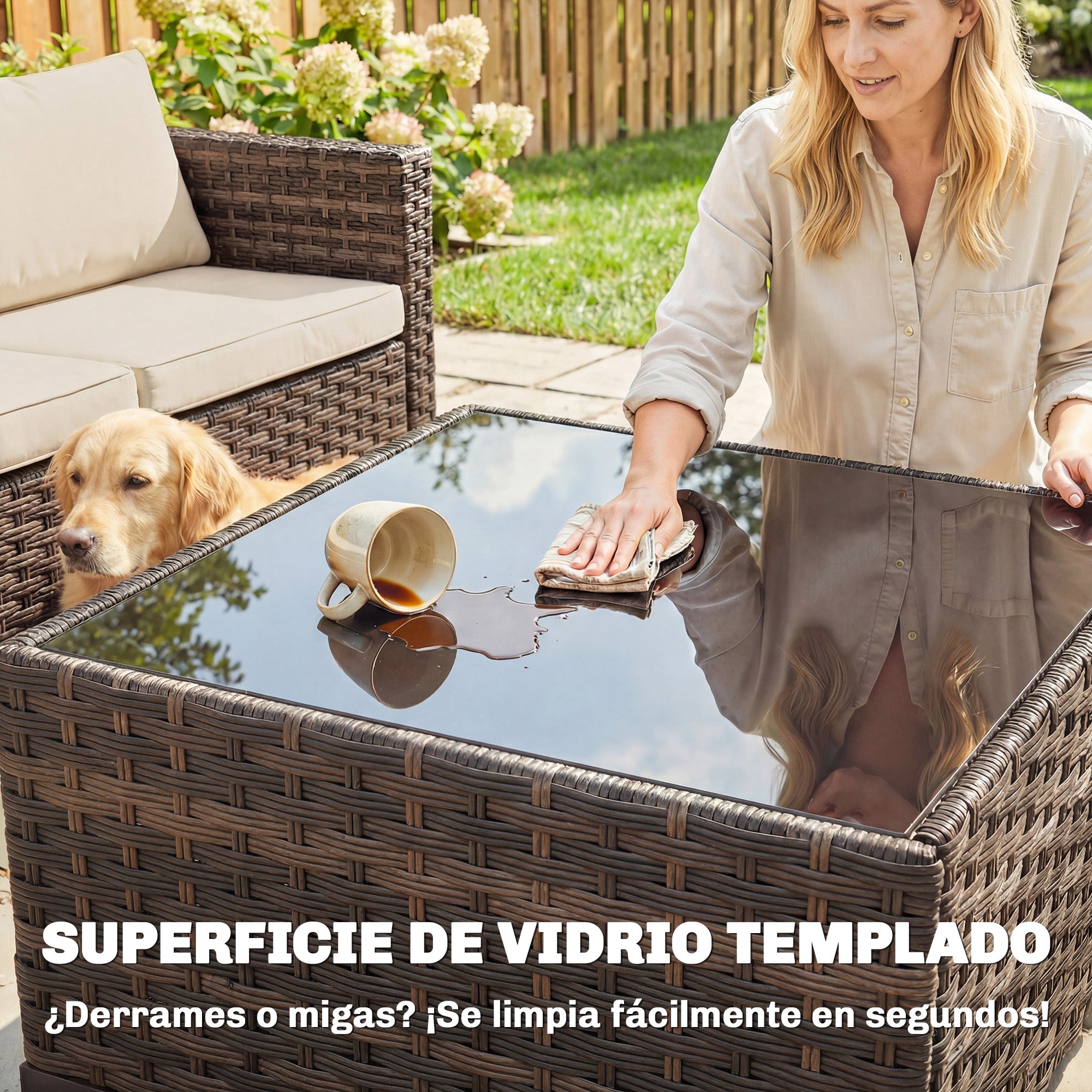 Outsunny Conjunto de Jardín de Ratán de 5 Piezas, Conjunto Terraza Resistente, Muebles Jardín Exterior Incluye Cojines, 2 Sillones de Esquina, Sillón sin Brazos, Reposapiés y Mesa Centro, Caqui