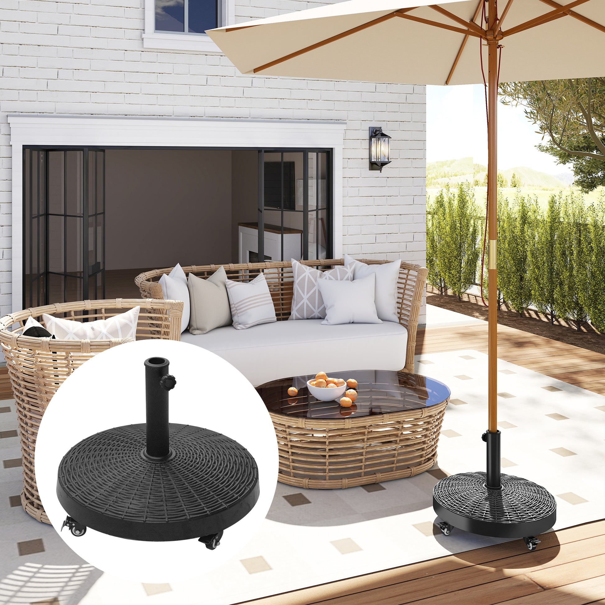Outsunny Base para Sombrilla Redonda Ø52 cm 22,7 kg Soporte para Parasol de Resina con Ruedas Pie para Sombrilla con Postes Ø38 mm y Ø48 mm Diseño de Ratán para Jardín Patio Terraza Negro