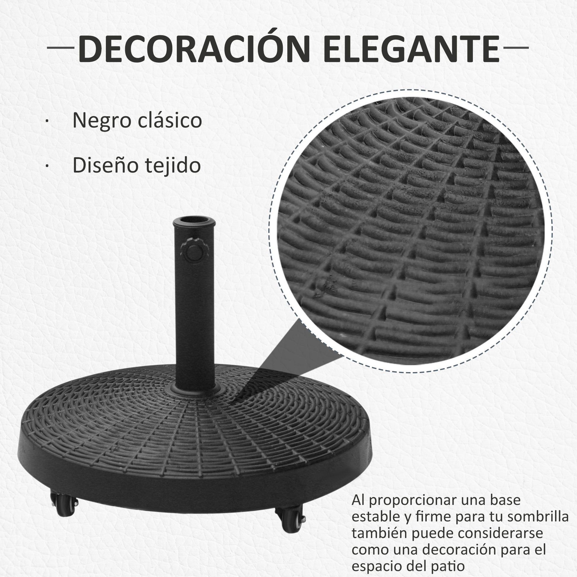 Outsunny Base para Sombrilla Redonda Ø52 cm 22,7 kg Soporte para Parasol de Resina con Ruedas Pie para Sombrilla con Postes Ø38 mm y Ø48 mm Diseño de Ratán para Jardín Patio Terraza Negro