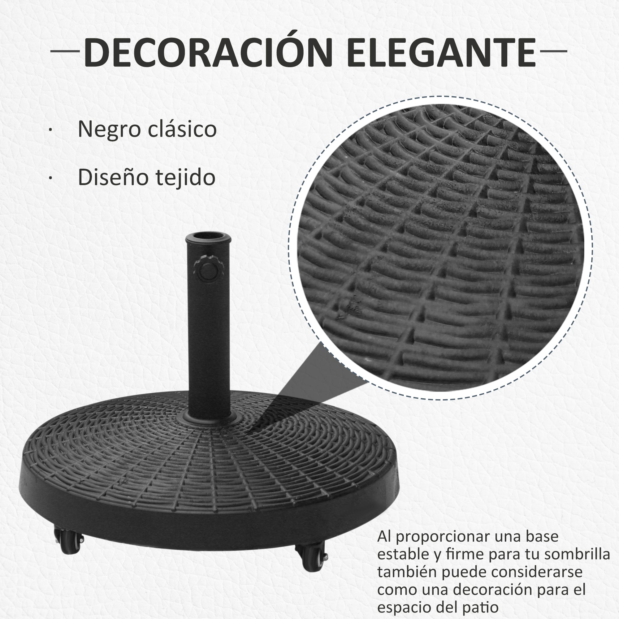 Outsunny Base para Sombrilla Redonda Ø52 cm 22,7 kg Soporte para Parasol de Resina con Ruedas Pie para Sombrilla con Postes Ø38 mm y Ø48 mm Diseño de Ratán para Jardín Patio Terraza Negro