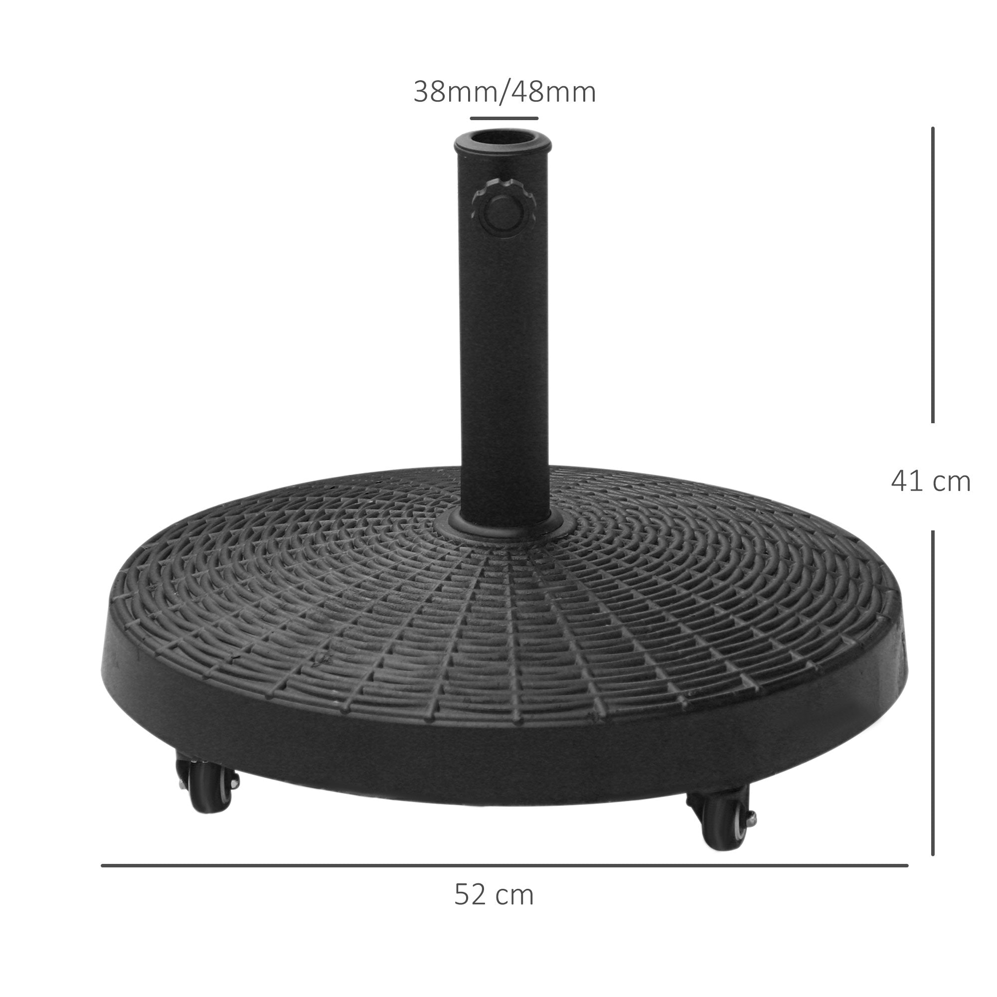 Outsunny Base para Sombrilla Redonda Ø52 cm 22,7 kg Soporte para Parasol de Resina con Ruedas Pie para Sombrilla con Postes Ø38 mm y Ø48 mm Diseño de Ratán para Jardín Patio Terraza Negro