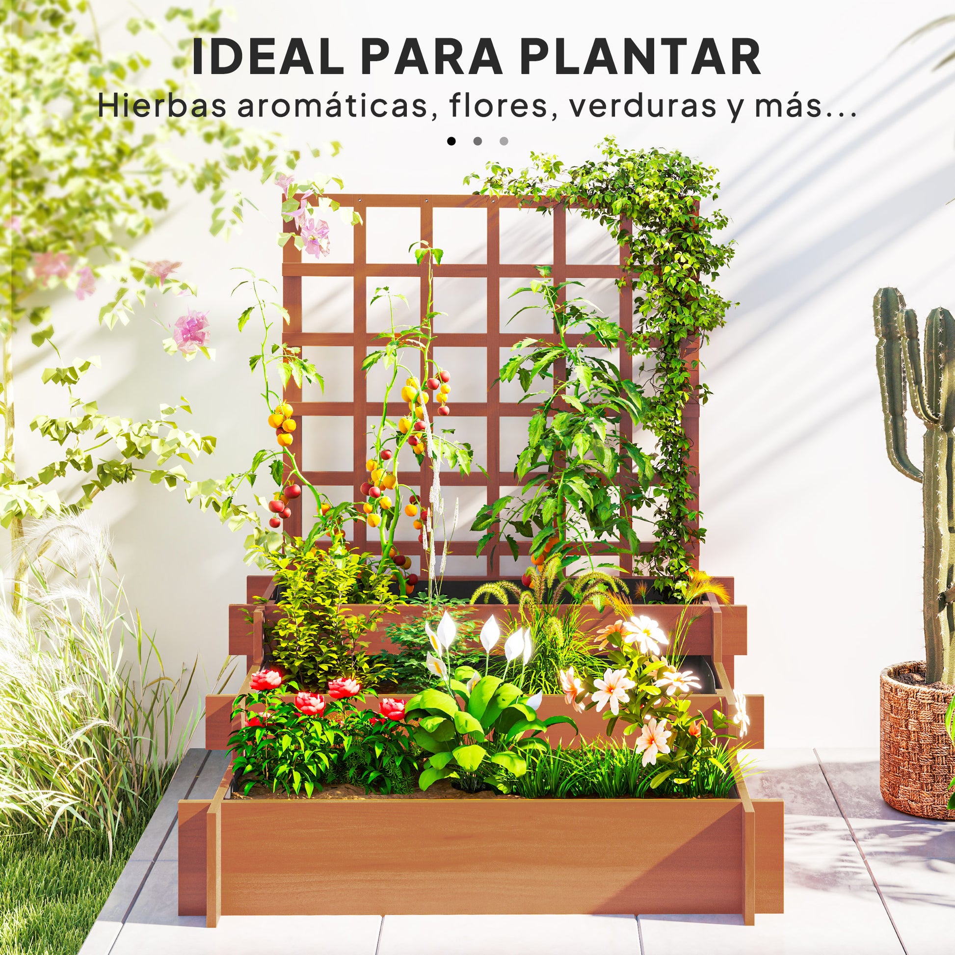 Outsunny Jardinera con Enrejado de 3 Niveles, Jardinera Exterior Grande de Madera para Plantas Trepadoras, con Tela no Tejida, Macetero Elevado para Jardín, Patio, Terraza, 95x95x110 cm, Marrón