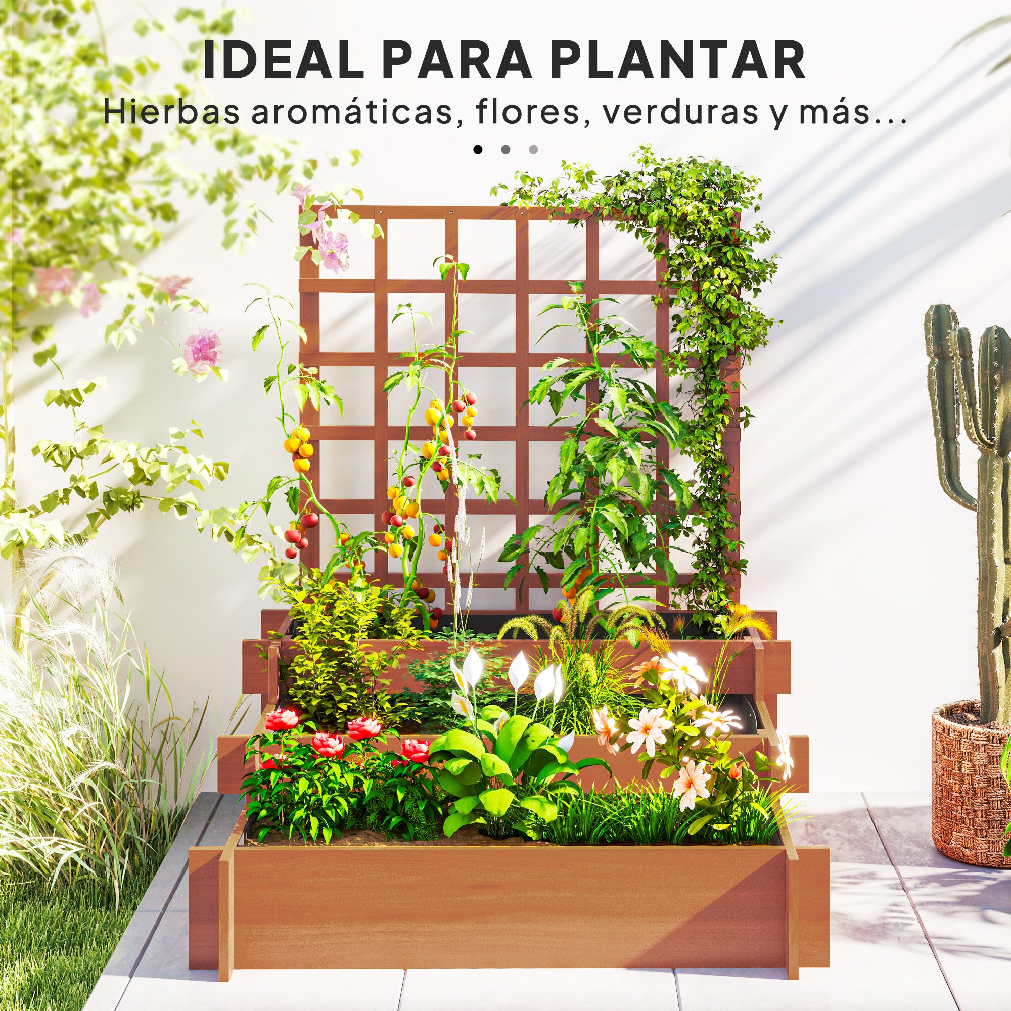 Outsunny Jardinera con Enrejado de 3 Niveles, Jardinera Exterior Grande de Madera para Plantas Trepadoras, con Tela no Tejida, Macetero Elevado para Jardín, Patio, Terraza, 95x95x110 cm, Marrón