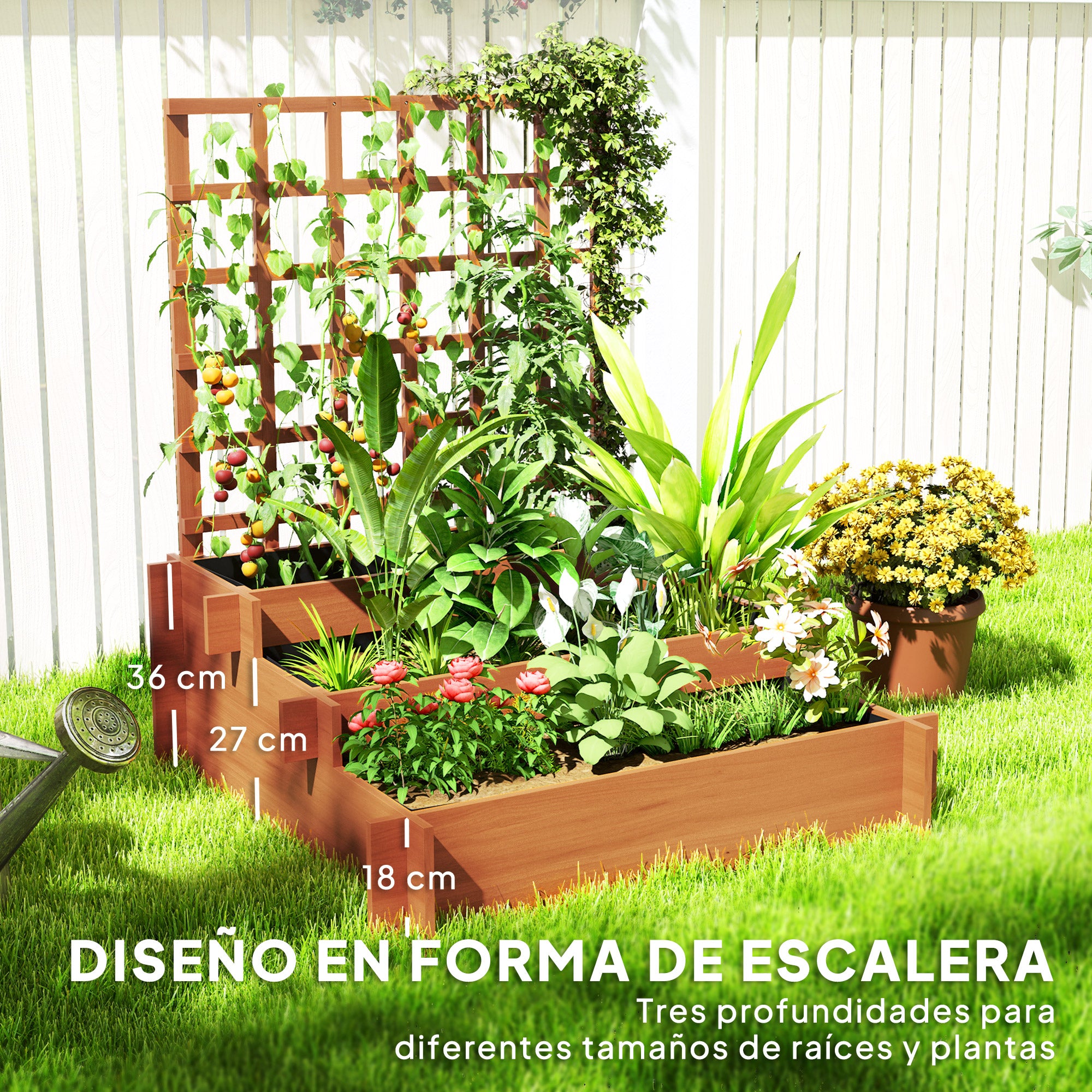 Outsunny Jardinera con Enrejado de 3 Niveles, Jardinera Exterior Grande de Madera para Plantas Trepadoras, con Tela no Tejida, Macetero Elevado para Jardín, Patio, Terraza, 95x95x110 cm, Marrón