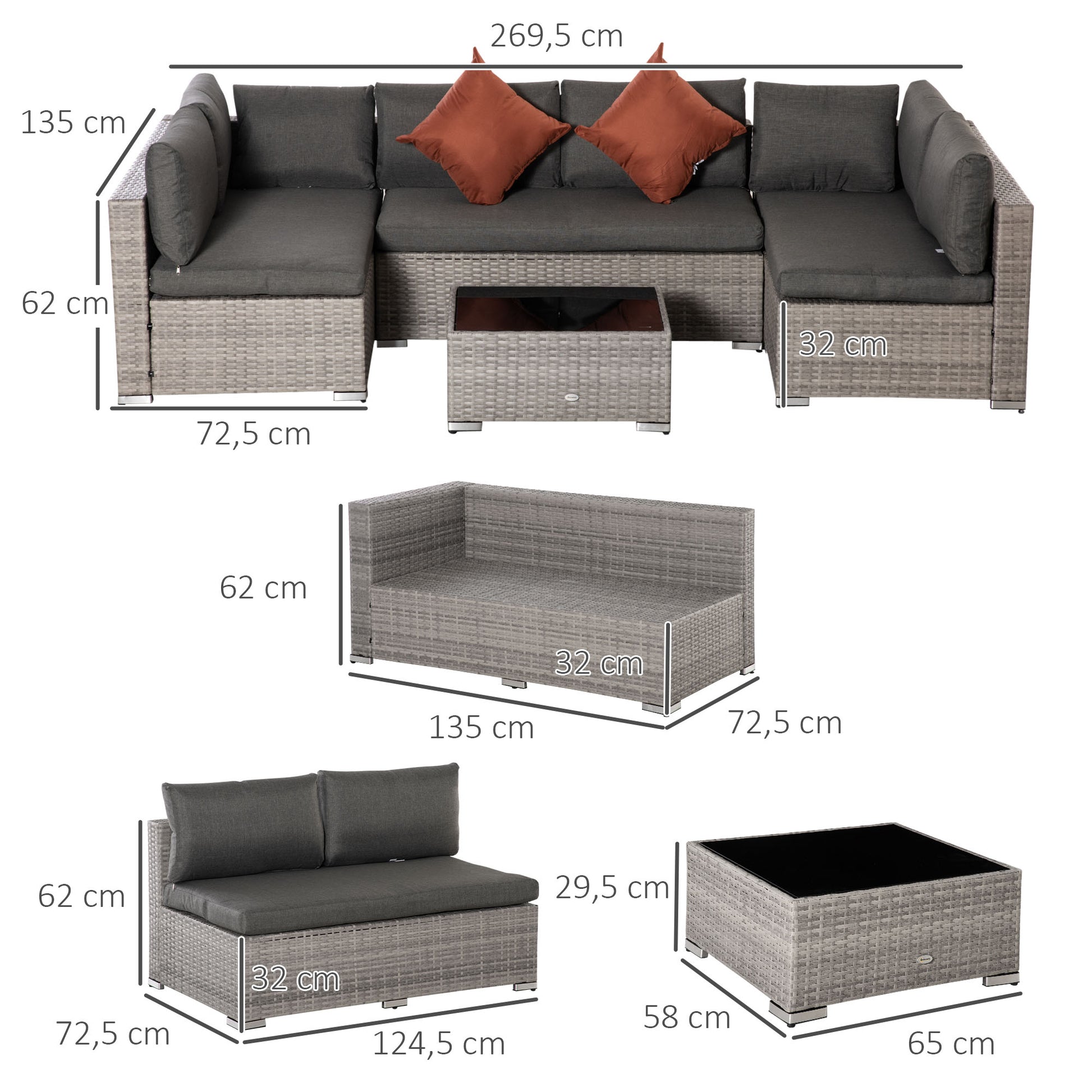 Outsunny Conjunto de Muebles de Jardín de Ratán 4 Piezas Mesa de Centro de Vidrio Sofá Doble y 2 Sofás Esquineros con Cojines Desenfundables para Terraza Exterior Gris