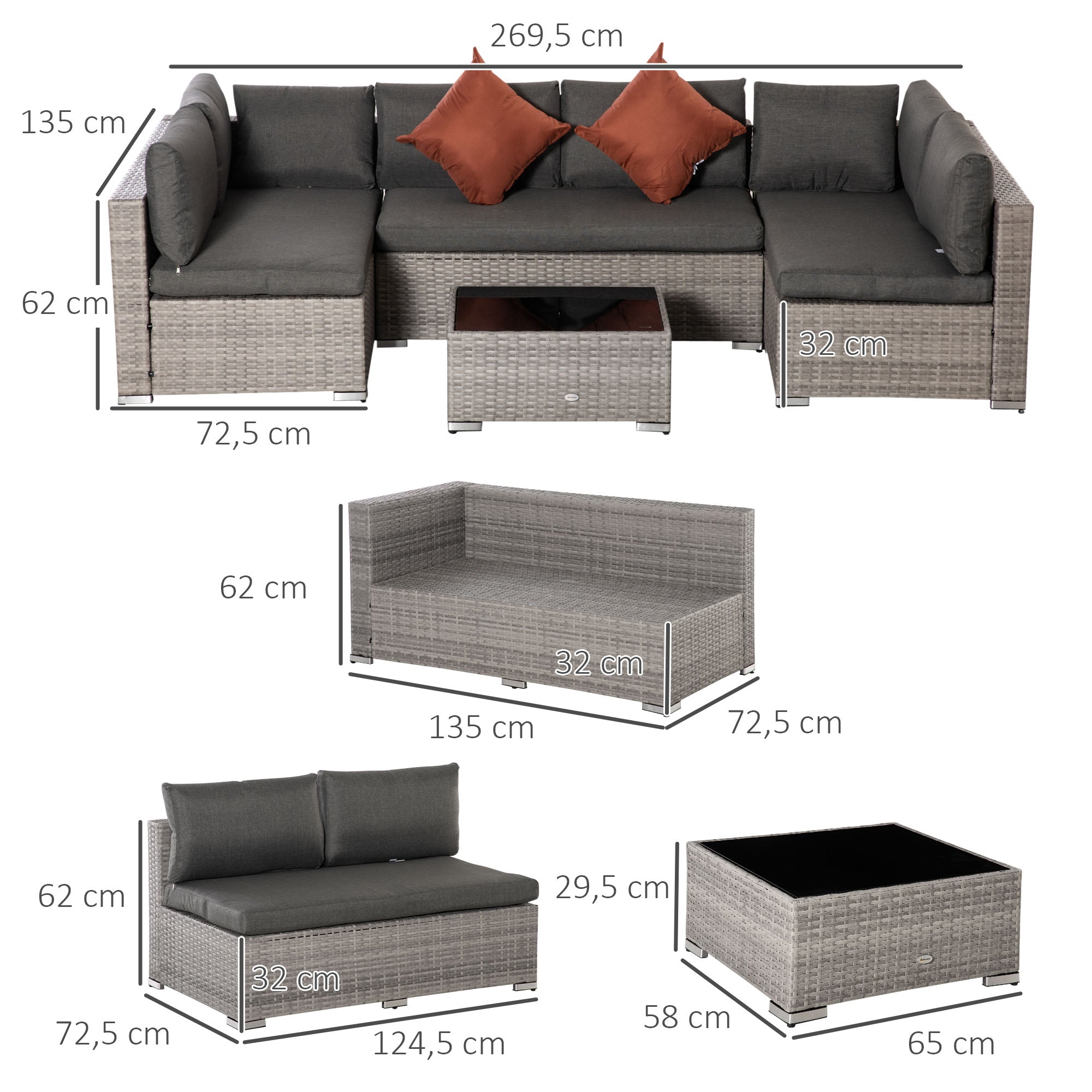 Outsunny Conjunto de Muebles de Jardín de Ratán 4 Piezas Mesa de Centro de Vidrio Sofá Doble y 2 Sofás Esquineros con Cojines Desenfundables para Terraza Exterior Gris