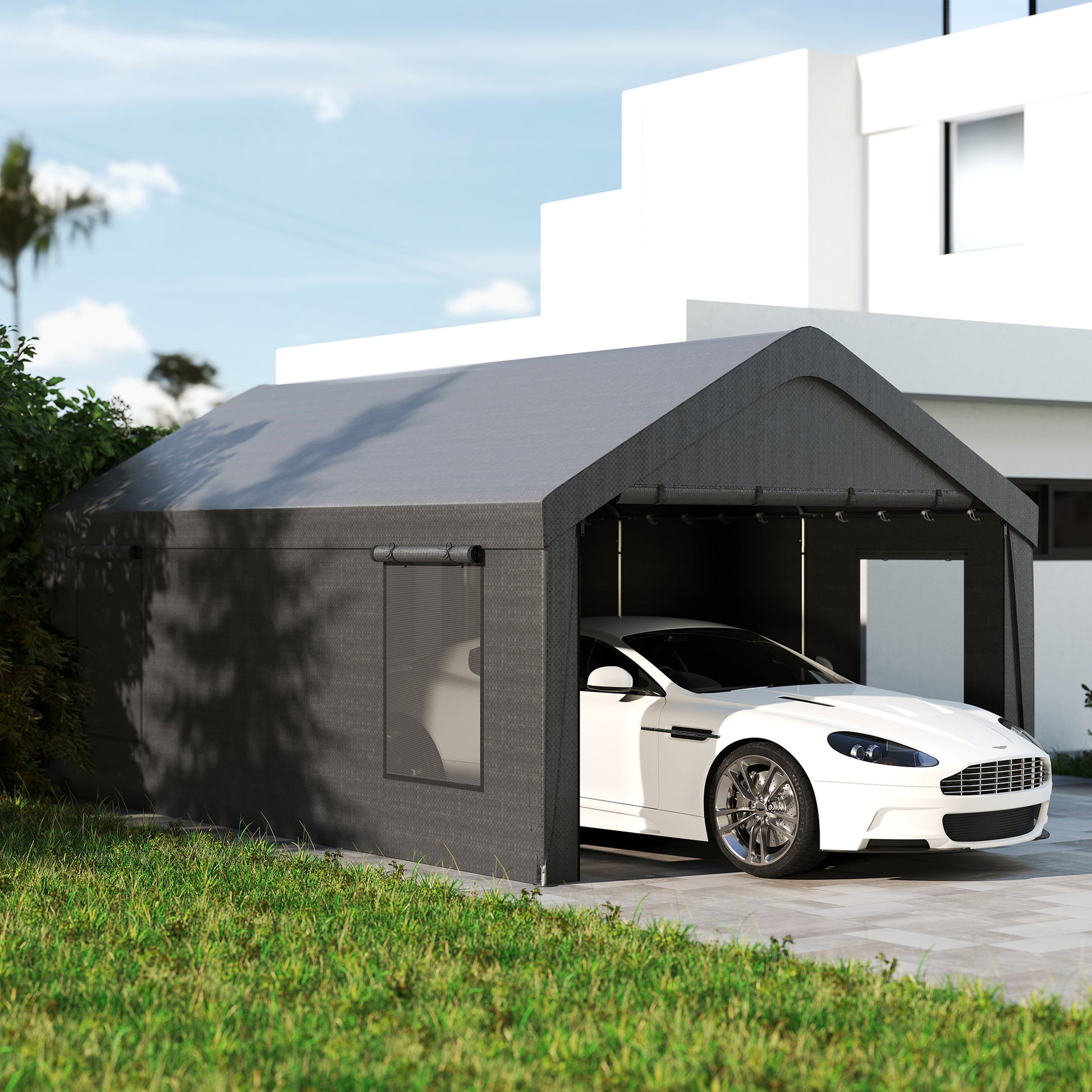 Outsunny Carpa Garaje Portátil 6x3,6 m, Garaje Exterior para Coche Impermeable, Cobertizo de Almacenamiento Anti-UV, con Paredes Laterales Desmontables y 2 Puertas con Cremallera, para Coche, Gris