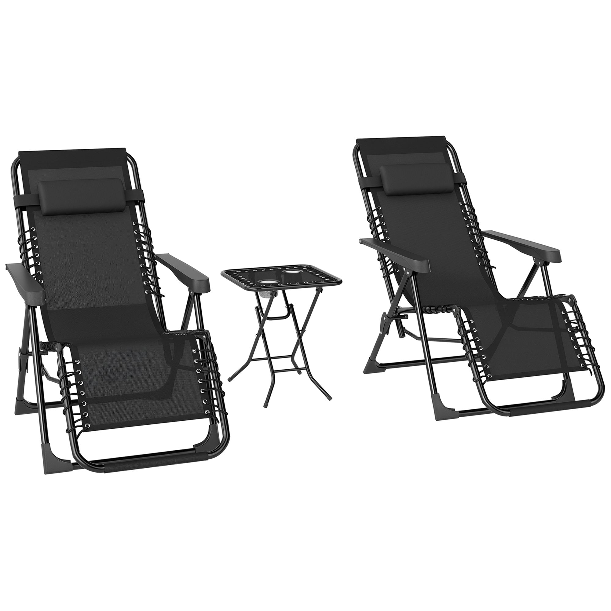 Outsunny Set de 2 Tumbonas Jardín Exterior Plegables con Mesa Auxiliar Portavasos Tumbonas de Gravedad Cero con Respaldo Ajustable Reposabrazos Extraíble para Patio Piscina Terraza Exterior Negro