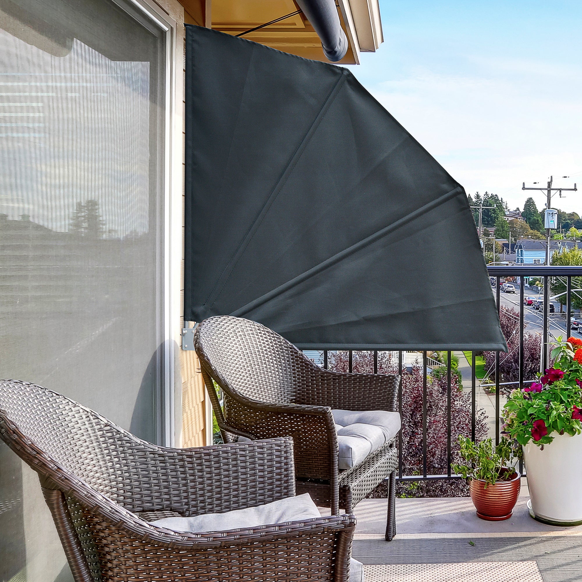 Outsunny Toldo Lateral Plegable de Balcón 120x120 cm en Forma de Abanico Aluminio con Soporte de Pared para Suelo Terraza Patio Gris Oscuro