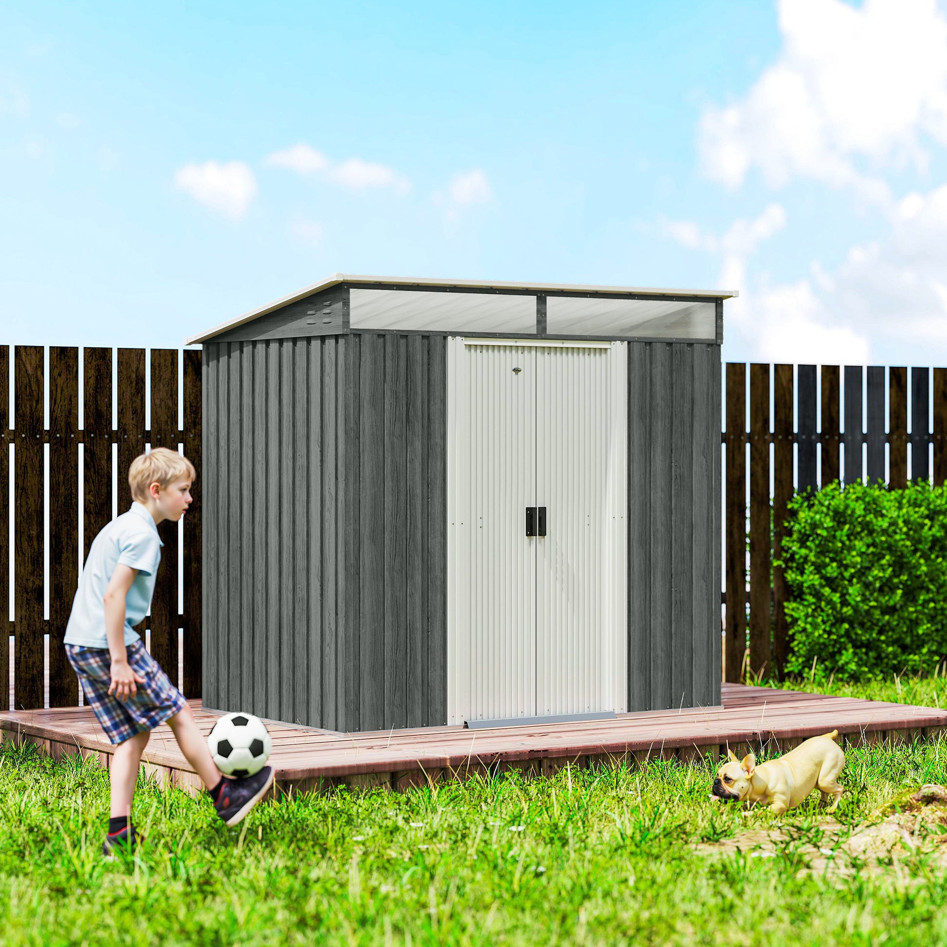 Outsunny Caseta de Jardín Exterior 2 m² 195x122x181,5 cm Cobertizo de Jardín Exterior Metálica con Base SIN SUELO 2 Puertas Correderas Ventanas y Ganchos para Herramientas Gris Claro