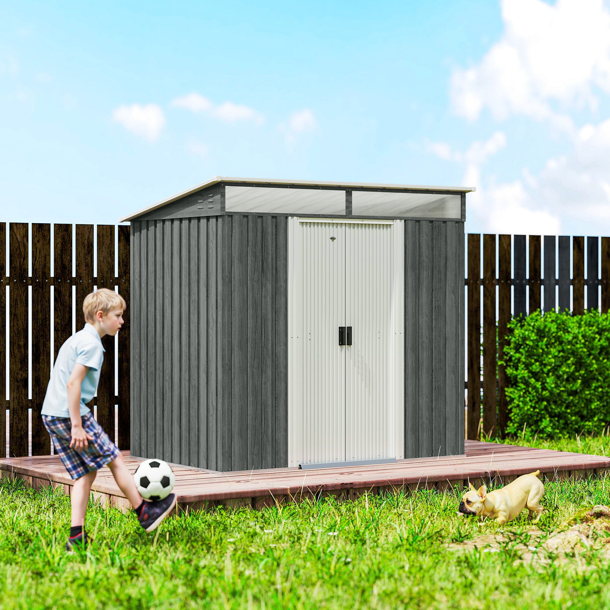 Outsunny Caseta de Jardín Exterior 2 m² 195x122x181,5 cm Cobertizo de Jardín Exterior Metálica con Base SIN SUELO 2 Puertas Correderas Ventanas y Ganchos para Herramientas Gris Claro