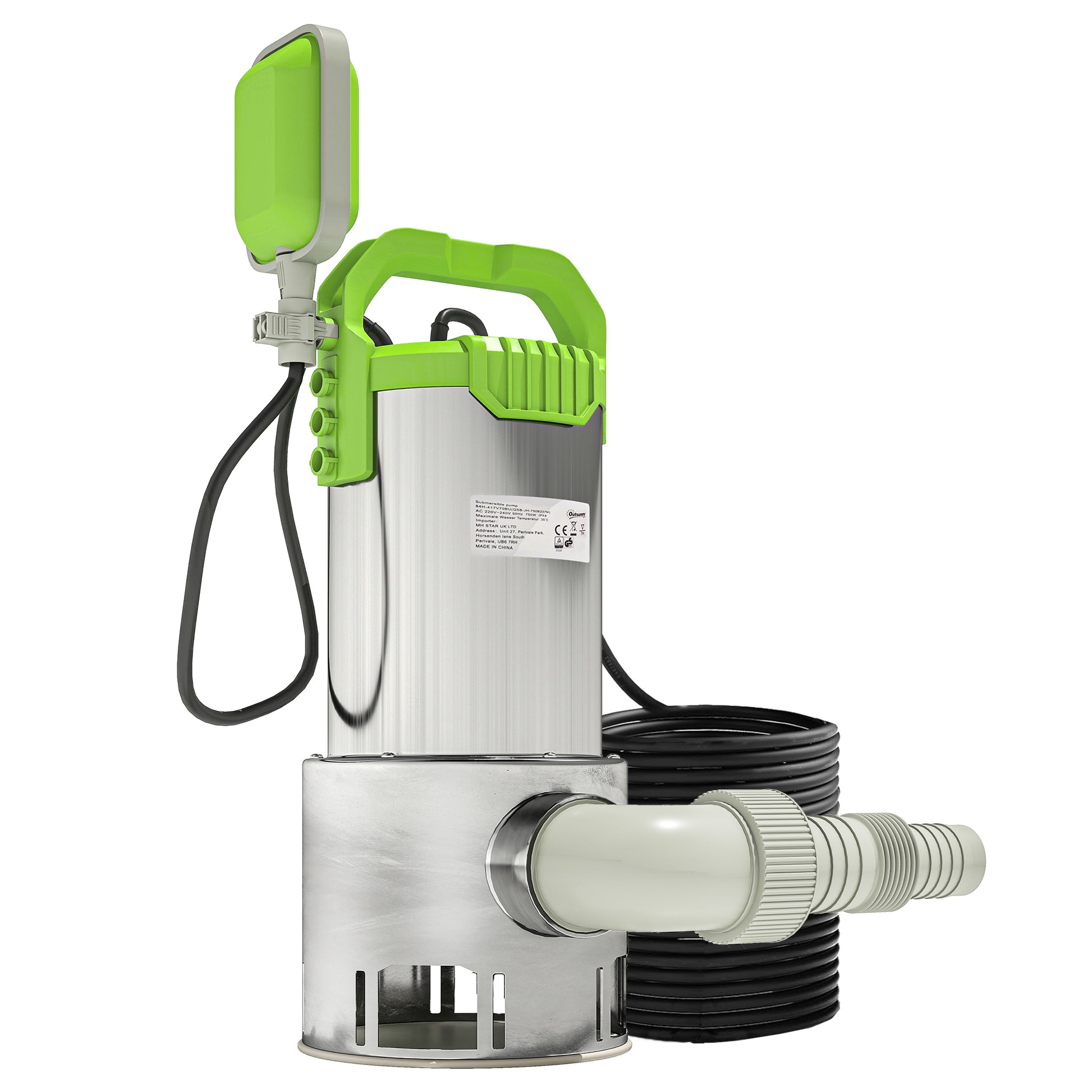 Outsunny Bomba de Aguas Sucias 1100W Bomba Sumergible de Aguas Residuales con Capacidad de 18000 l/h Interruptor de Flotador y Conector Universal para Drenaje de Piscinas Estanques Bañeras